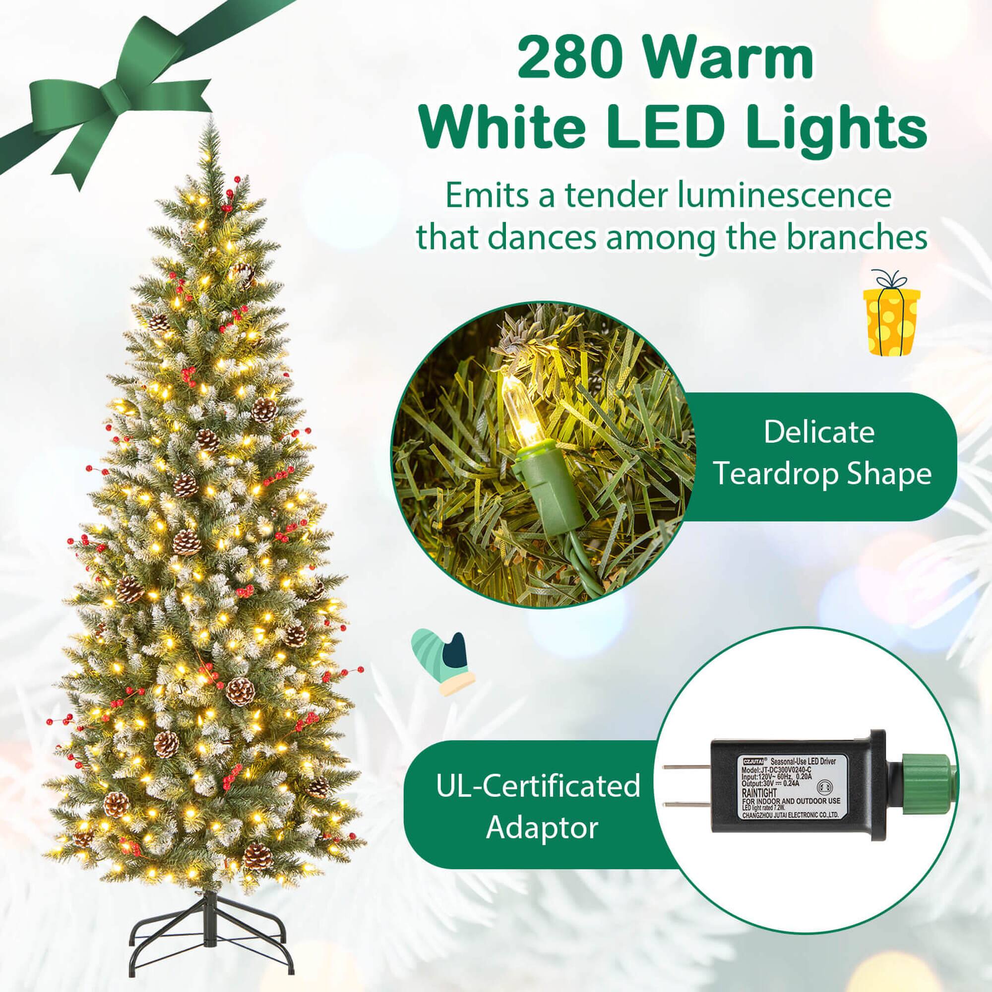 280 Warm White LED Lights  
Emits a tender luminescence that dances among the branches  

Delicate Teardrop Shape  

UL-Certificated Adaptor  

Outdoor Use