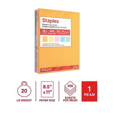 Staples  
Pastel Copy Paper  
Couleur pastel papier de copie  

20 lb  
400 sheets  
8.5" x 11"  

1 ream  

20 lb weight  
8.5" x 11" paper size  
400 sheets per ream