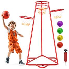 Topteng - 4-Hoop Kids Basketball Set with 4 Balls - Adjustable Height Preschool Toy for Indoor & Outdoor Play, Red