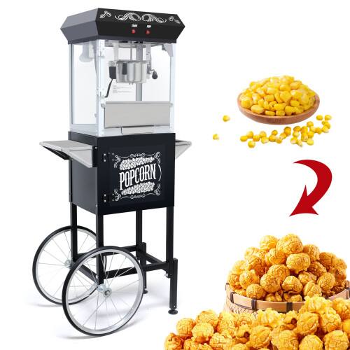 Alt View 2. WETIE - Popcorn Maker with Cart & Wheels, 8Oz Popcorn Machine w/ Locker, Stainless Steel Kettle Heated, 7QT per Batch, 650W - Black.