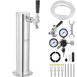 VEVOR - Kegerator Tower Kit, Single Tap Beer Conversion Kit, Stainless Steel Keg Beer Tower Dispenser with Dual Gauge CGA320 - Silver