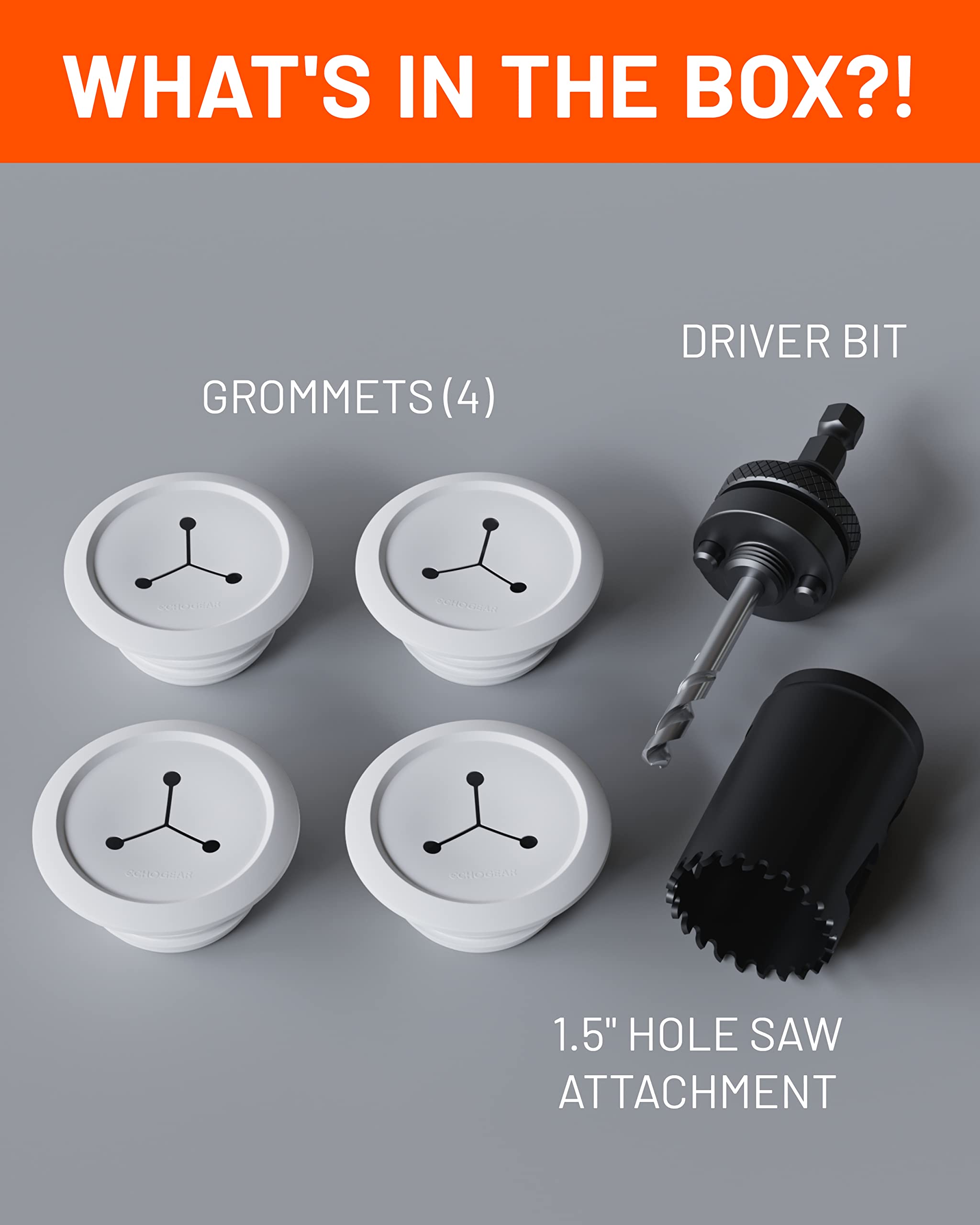 What's in the box? Grommets (4), driver bit, 1.5" hole saw attachment.