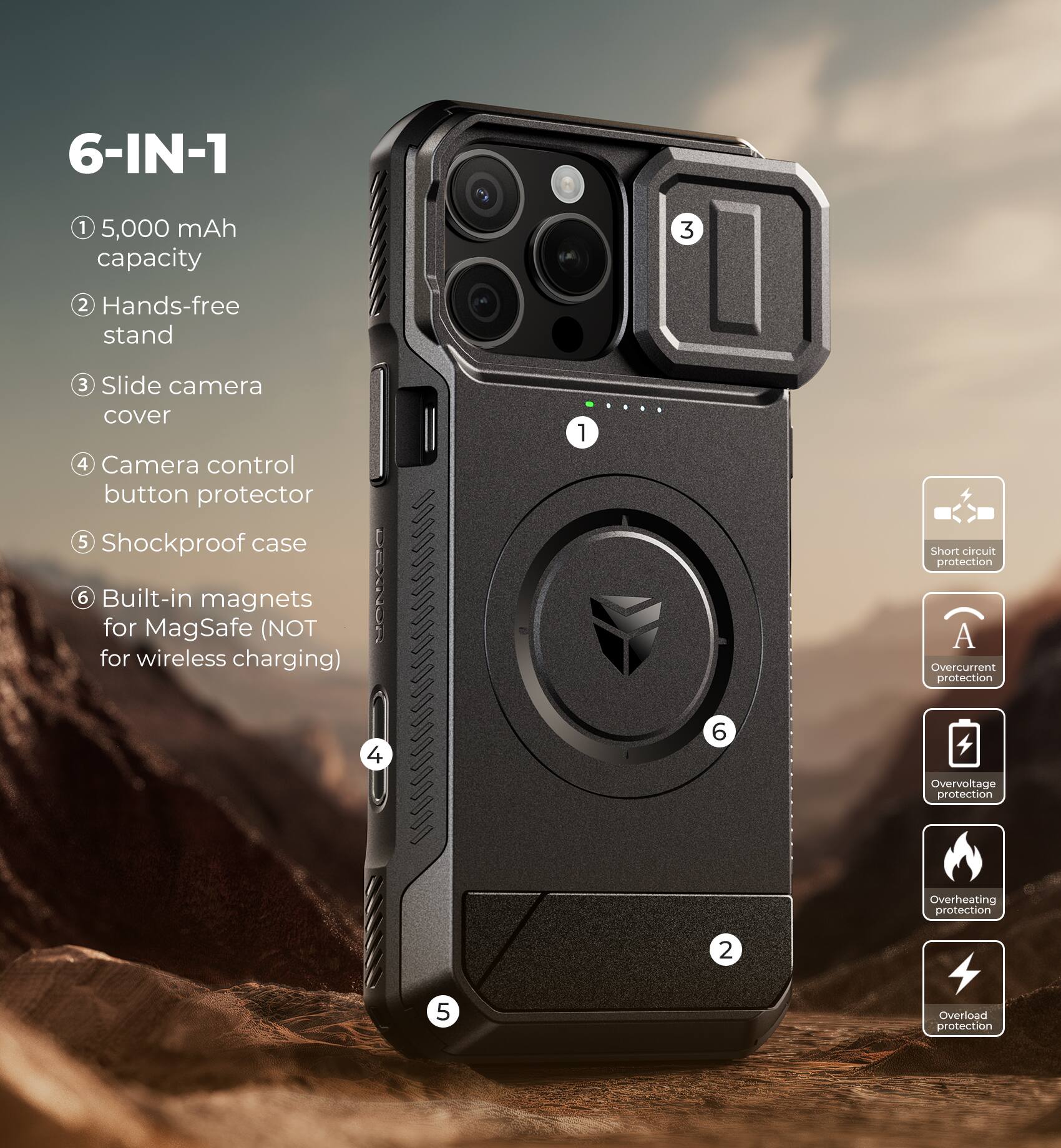 6-IN-1

1. 5,000 mAh capacity
2. Hands-free stand
3. Slide camera cover
4. Camera control button protector
5. Shockproof case
6. Built-in magnets for MagSafe (NOT for wireless charging)

1. Short circuit protection
2. Overcurrent protection
3. Overvoltage protection
4. Overheating protection
5. Overload protection