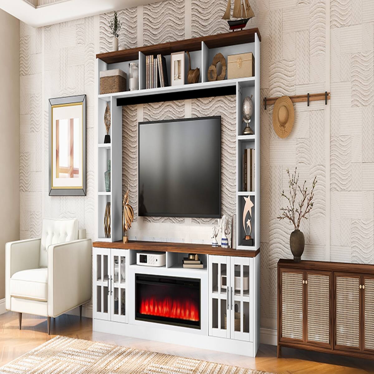 Back. Loheer - Loheer 95.5" Entertainment Center for 80 Inch TV with Electric Fireplace, White and Walnut - White+Walnut.