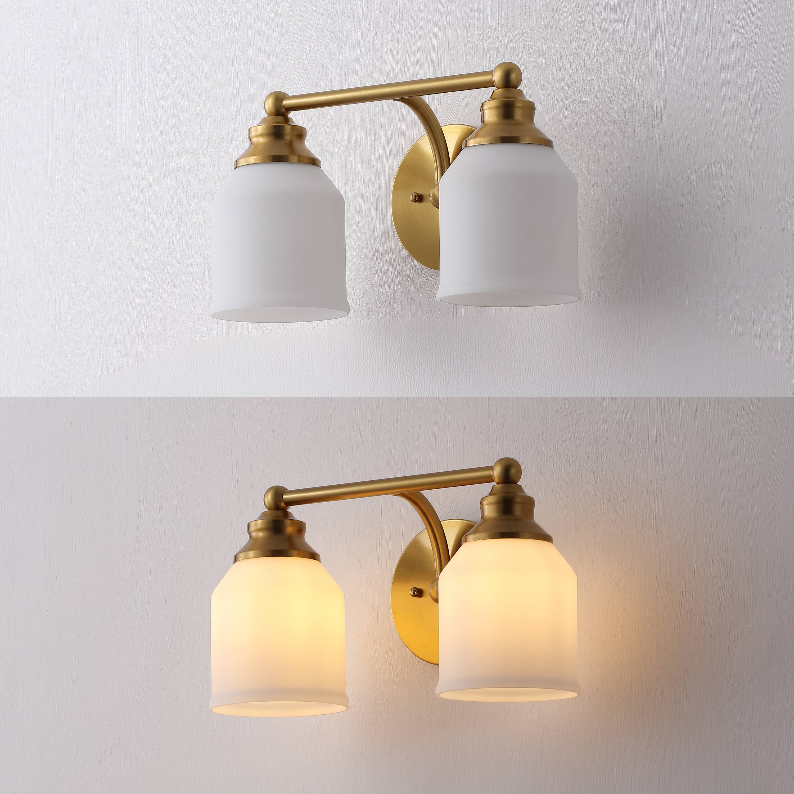 Alt View 4. Jonathan Y - Lydia 14" 2-Light Farmhouse Cottage Metal LED Vanity Light with Frosted Glass Shades, Brass Gold - Brass Gold.