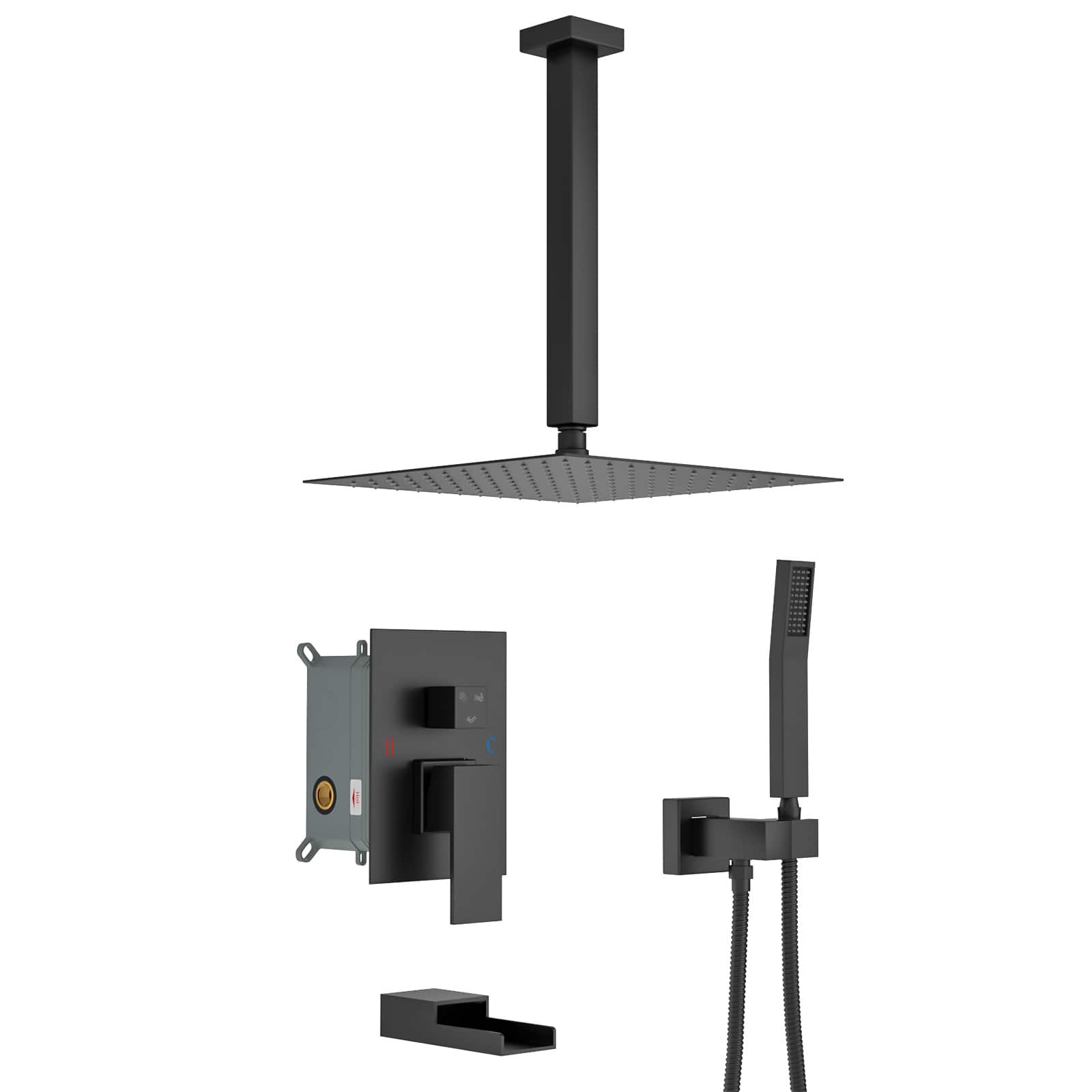 Photos - Shower System Waterfall Lordear -  with  Tub Spout,16 Inch Ceiling Mount Square  with Rough-in Valve - Matte Blac 