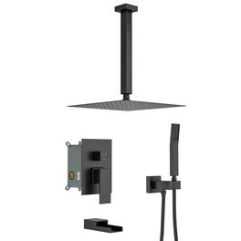 Lordear - Shower System with Waterfall Tub Spout,16 Inch Ceiling Mount Square Shower System with Rough-in Valve - Matte Black
