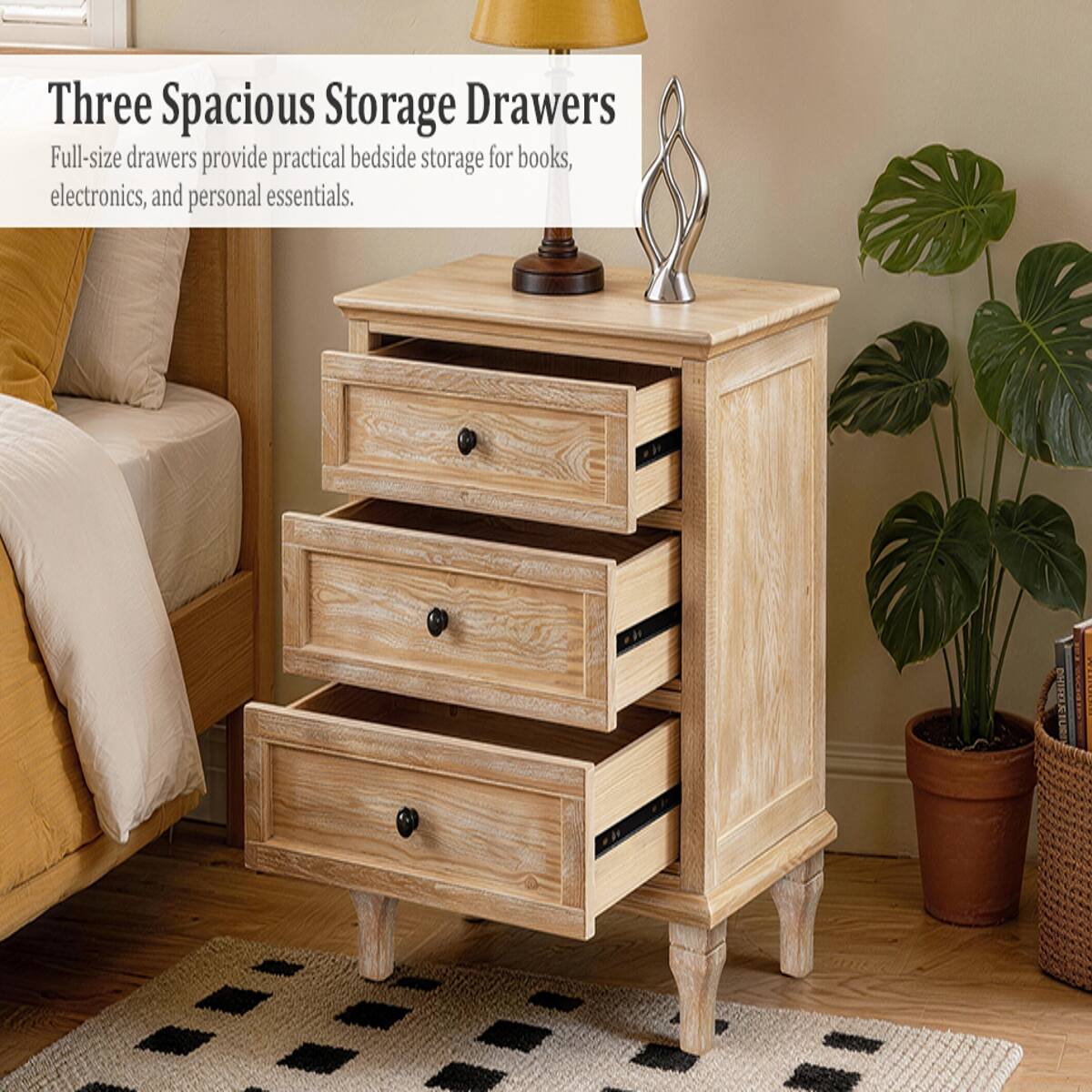 Three Spacious Storage Drawers  
Full-size drawers provide practical bedside storage for books, electronics, and personal essentials.