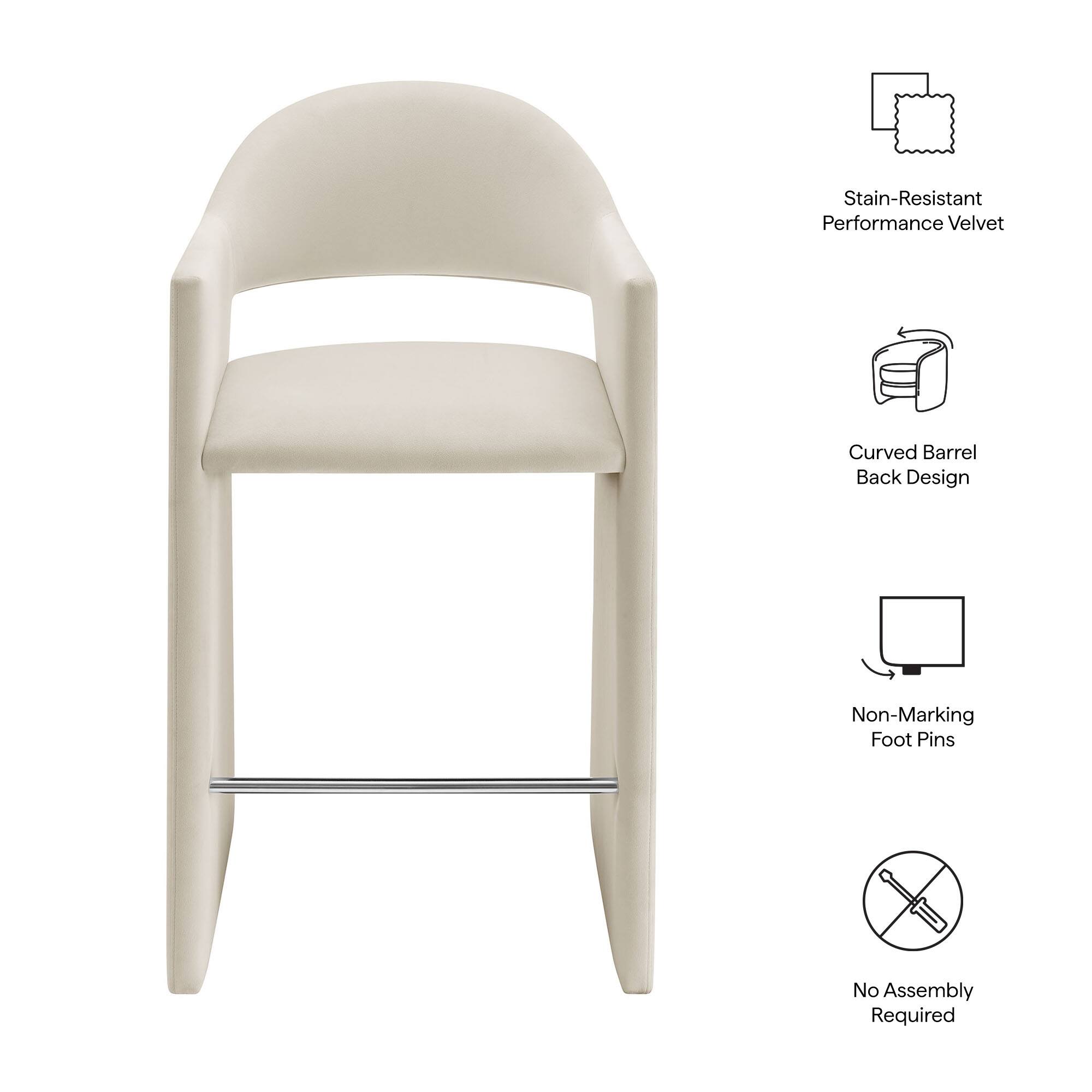 Stain-Resistant Performance Velvet  
Curved Barrel Back Design  
Non-Marking Foot Pins  
No Assembly Required
