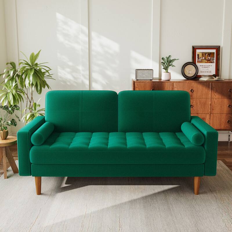 Dyonery - 56" Sofa, Velvet Loveseat Couch for Small Spaces, Mid Century Modern Sofa Couch with Solid Wood Legs, Green - Green