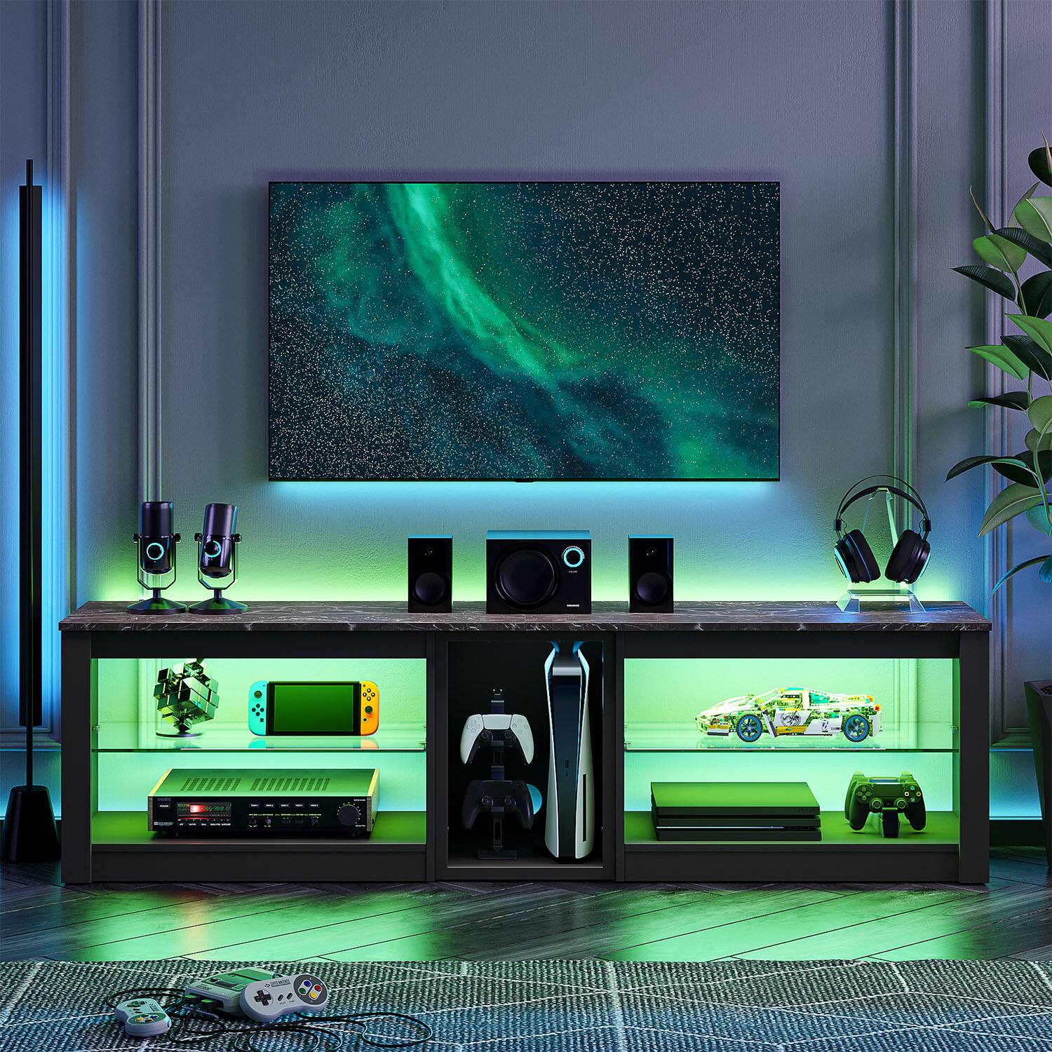 Alt View 1. Bestier - 70-Inch TV Stand & Gaming Entertainment Center with LED Lights & Glass Shelves, Media Cabinet for Living Room - Black.