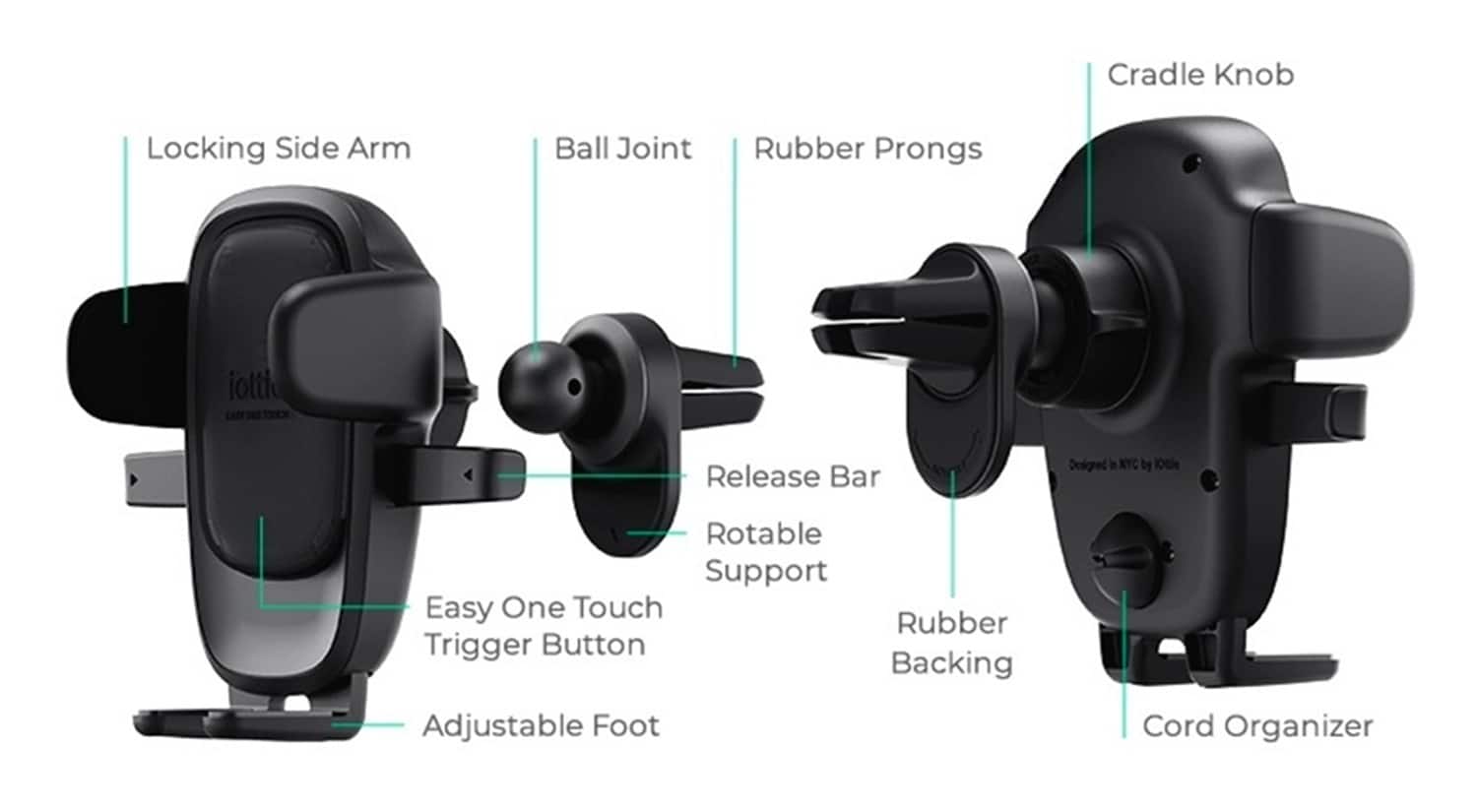Cradle Knob, Locking Side Arm, Ball Joint, Rubber Prongs, Release Bar, Rotatable Support, Easy One Touch Trigger Button, Rubber Backing, Adjustable Foot, Cord Organizer