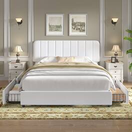 Vecelo - Full Size Storage Bed Frame with 4 Drawers - Velvet Upholstered, Adjustable Headboard, 800lb Capacity, Noise Free - White