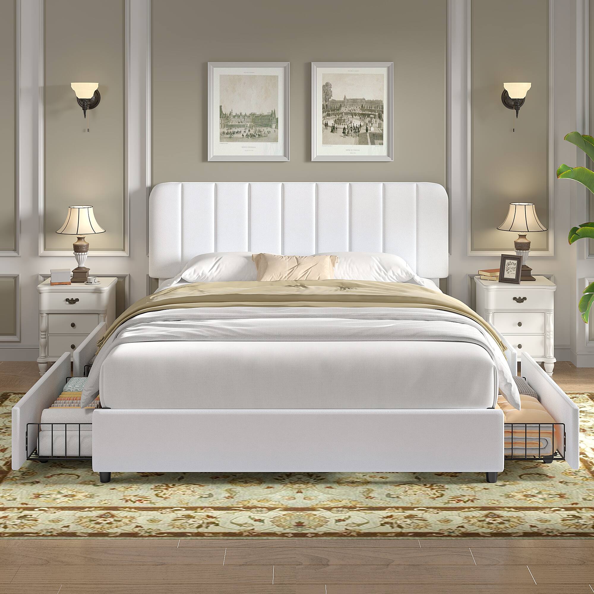 Alt View 4. Vecelo - Full Size Storage Bed Frame with 4 Drawers - Velvet Upholstered, Adjustable Headboard, 800lb Capacity, Noise Free - White.