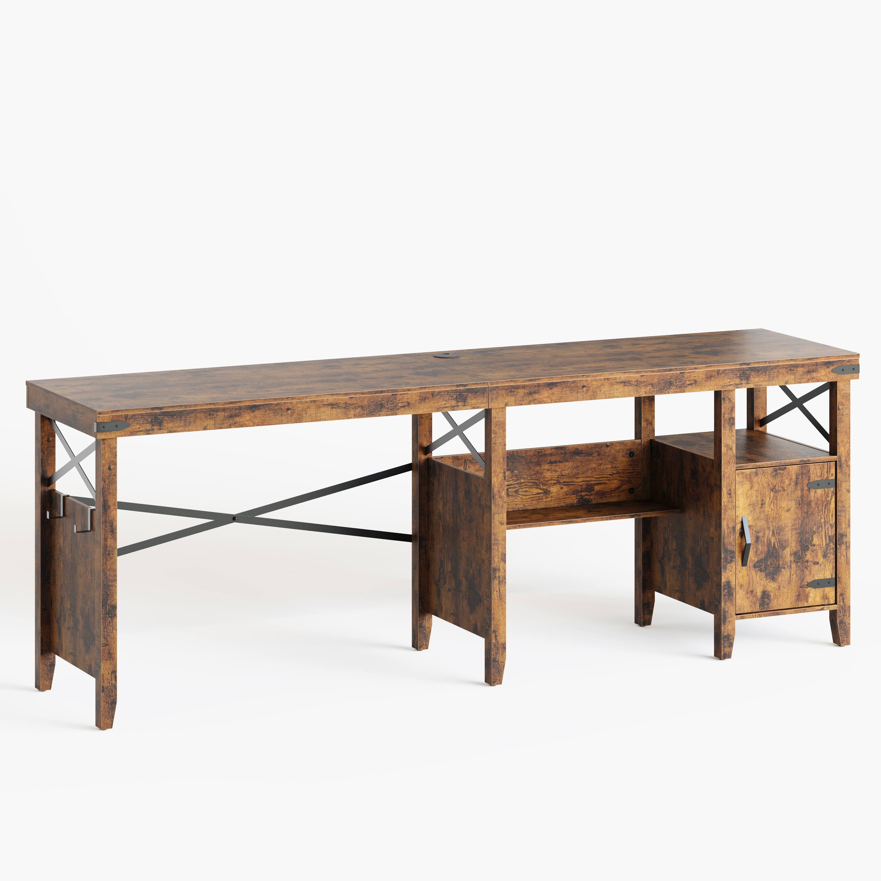 Left. Bestier - Farmhouse L-Shaped Computer Desk with Storage Cabinet and Bookshelf - 60" Wide - Brown.