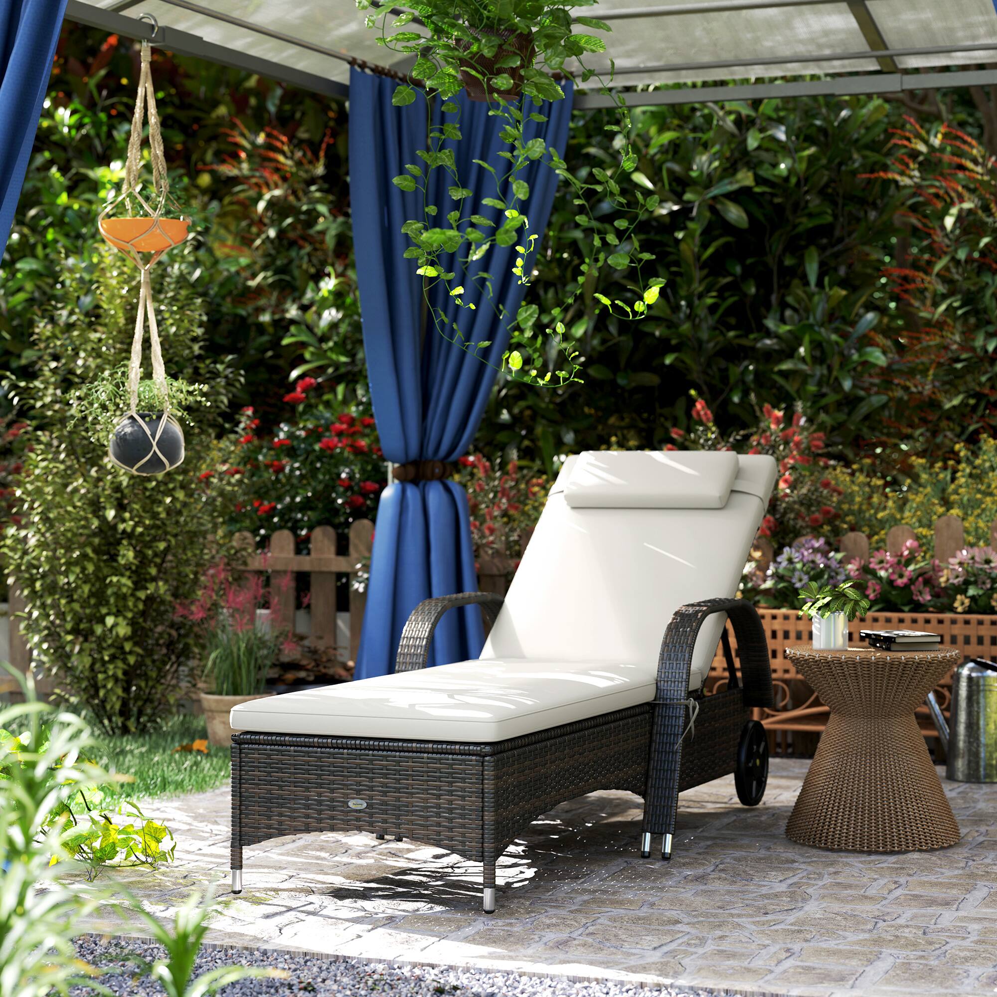 Alt View 1. Outsunny - Wicker Outdoor Chaise Lounge, 5-Level Adjustable Backrest PE Rattan Pool Lounge Chair with Wheels, Cushion & Headrest - Mixed Brown and Cream White.