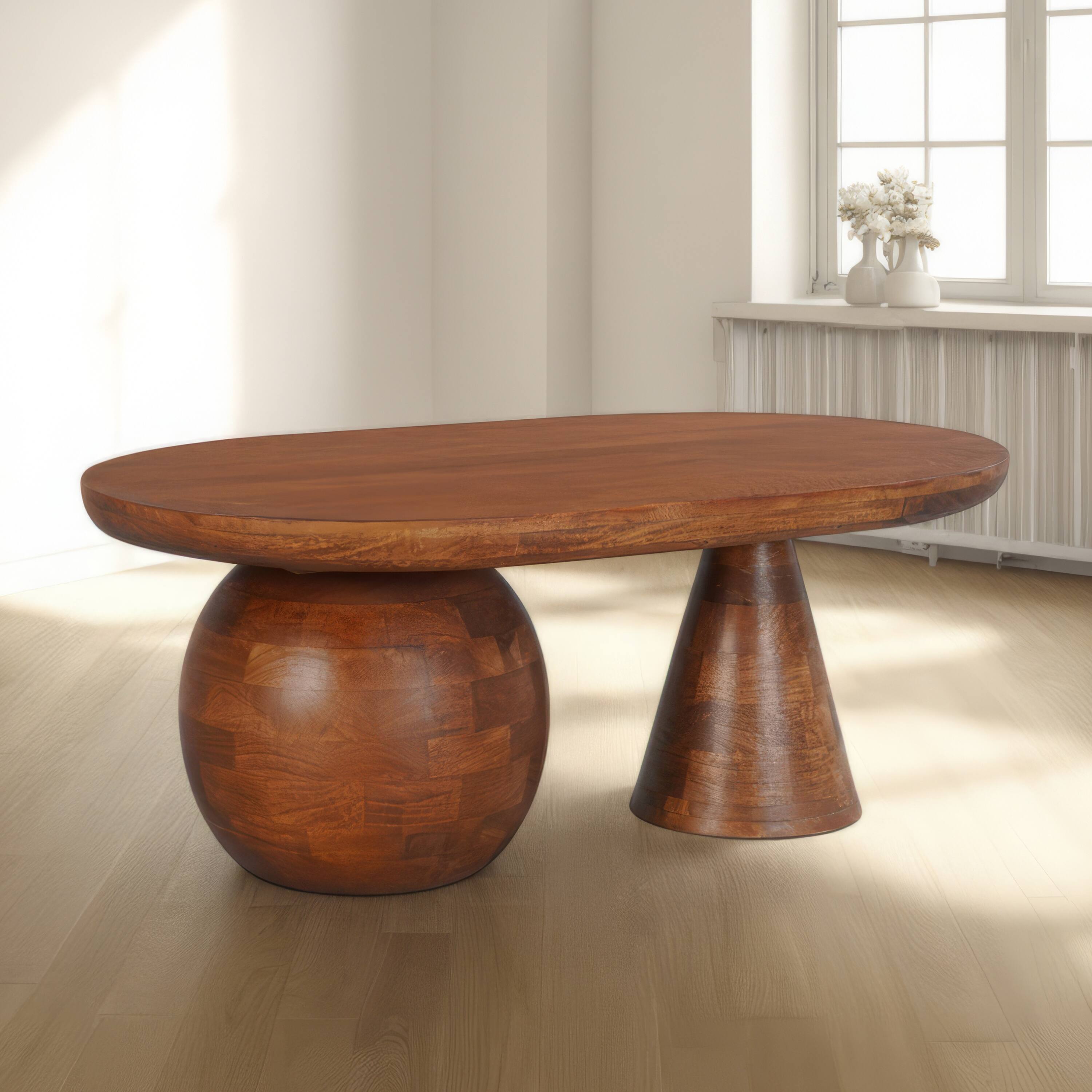 Alt View 8. Manhattan Lane - Leeds Coffee Table | 38" Handmade Mango Wood Oval Top | Round Ball and Cone Base - Brown.
