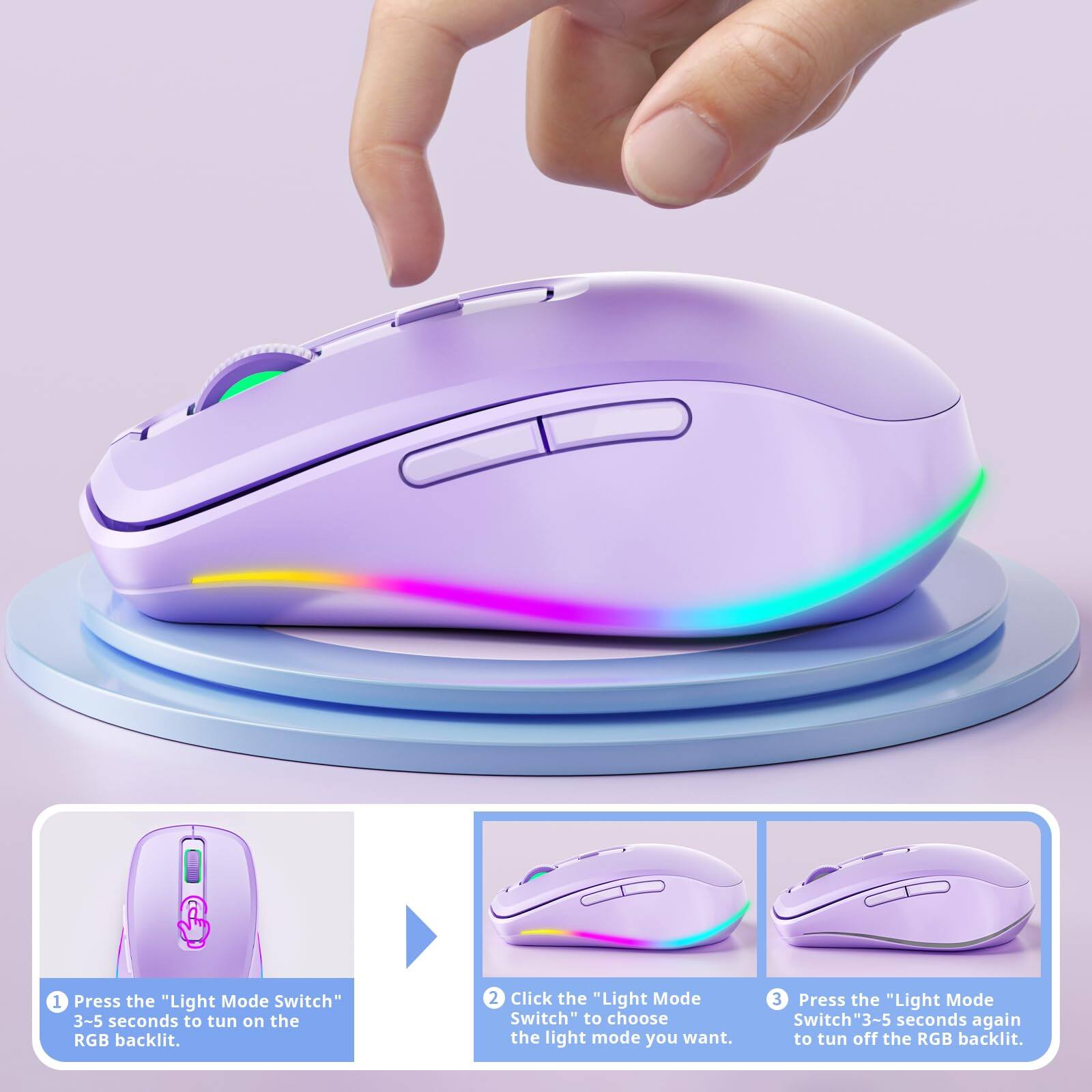 1. Press the "Light Mode Switch" for 3-5 seconds to turn on the RGB backlight.
2. Click the "Light Mode Switch" to choose the light mode you want.
3. Press the "Light Mode Switch" for 3-5 seconds again to turn off the RGB backlight.