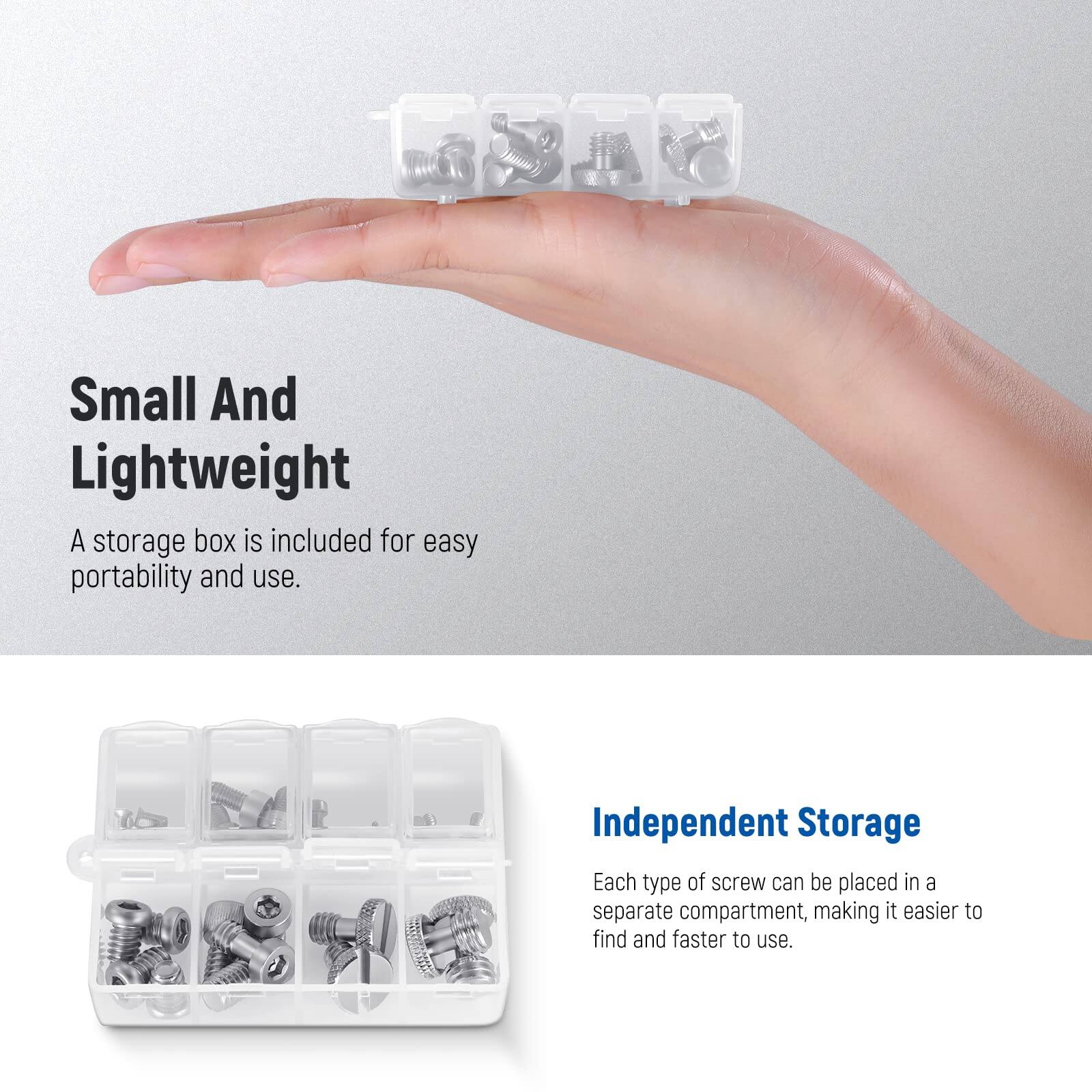 Small And Lightweight  
A storage box is included for easy portability and use.  

Independent Storage  
Each type of screw can be placed in a separate compartment, making it easier to find and faster to use.
