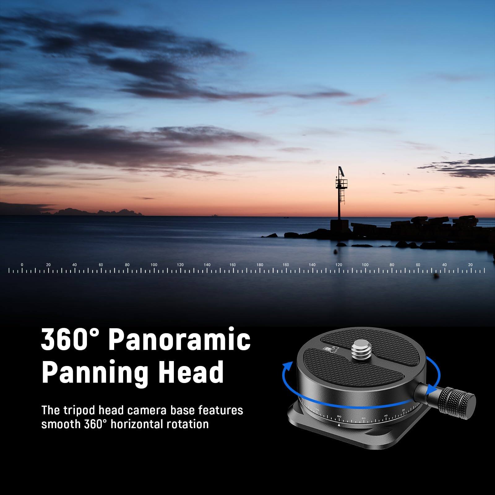 360° Panoramic Panning Head

The tripod head camera base features smooth 360° horizontal rotation