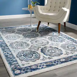 Modway - Entourage Odile Distressed Floral Moroccan Trellis Area Rug - Ivory and Blue