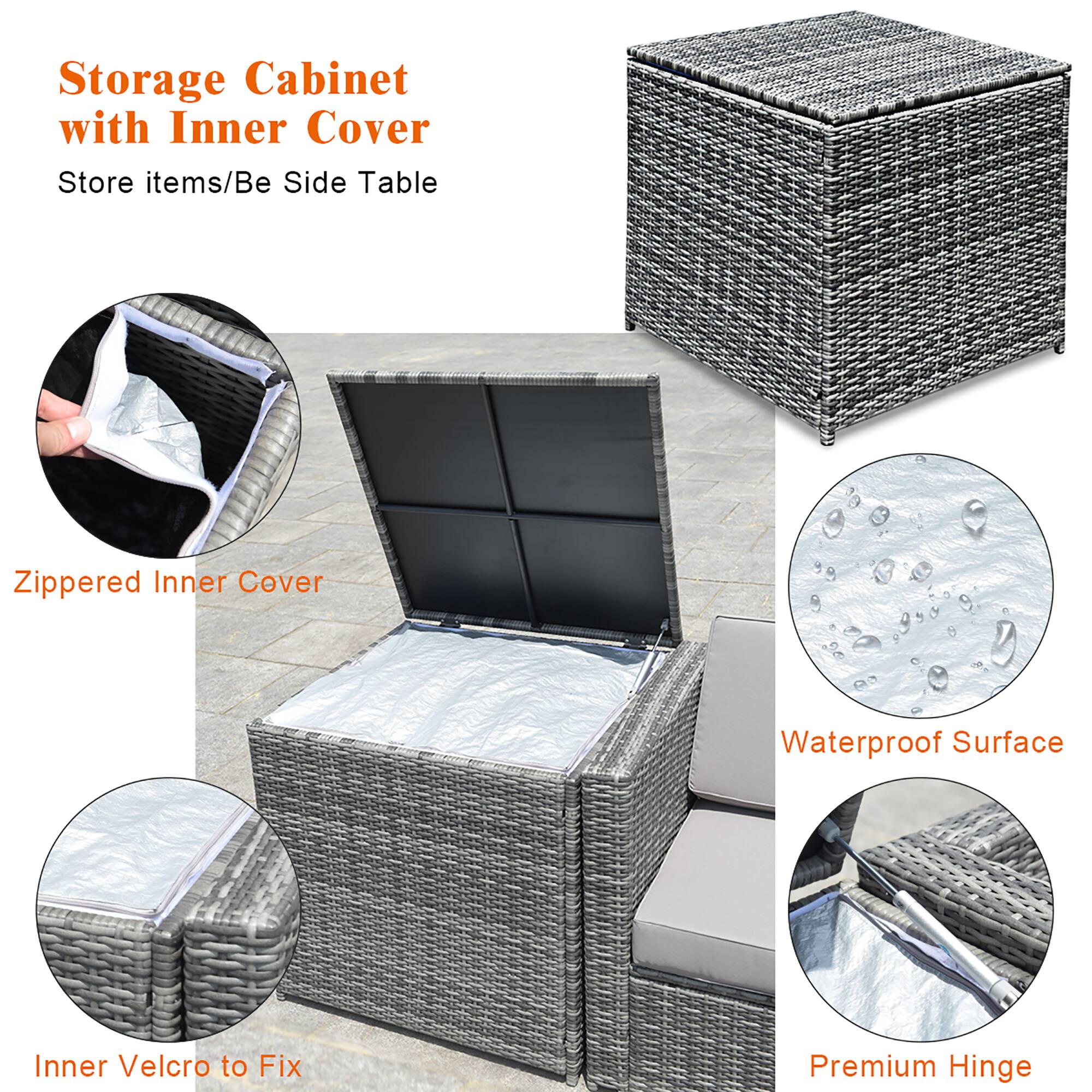The text on the image is grouped and corrected as follows:

1. Storage Cabinet with Inner Cover: Store items/Be Side Table
2. Zippered Inner Cover: Waterproof Surface
3. Inner Velcro to Fix: Premium Hinge