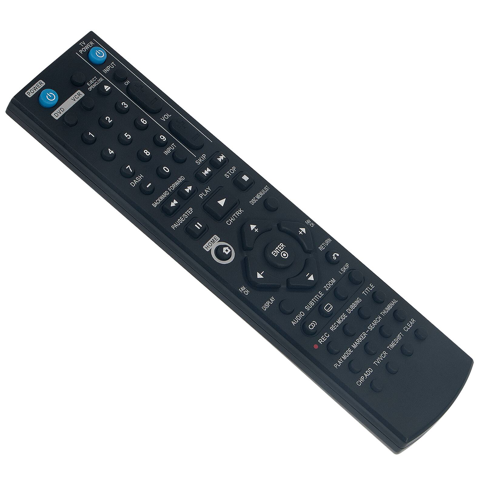 TV POWER G INPUT EJECT OPENCLOTE C POWER A VCR 3 DVD VOL 2 6 1 5 9 4 8 INPUT SKIP 7 0 144 STOP DASH I FORWARD BACKNARD FORWARD SACKWARD PLAY DISCMENULIST PAUSE/STEP CHITRK + HOME ENTER RETURN C 1.5KP ZOOM TITLE DISPLAY SUBTITLE DUBBING THUMBNAIL AUDIO CCO RECMODE -SEARCH CLEAR REC MARKER-SEARCH MARKER TIMESHIFT PLAYMODE TVIVCR CHPADD