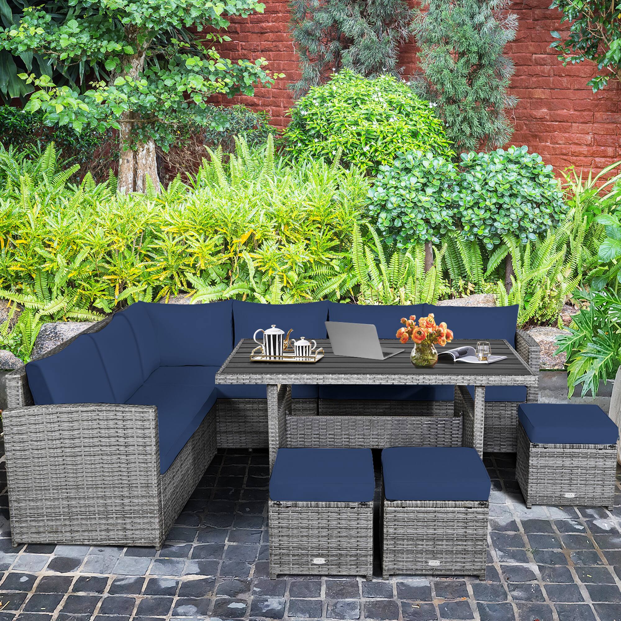 Alt View 4. Gymax - Gymax 7PCS Rattan Patio Sectional Sofa Set Conversation Set w/ Navy Cushions - Navy.