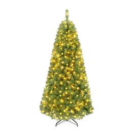 WELLFOR - 7 ft Pre‑lit Hinged Artificial Christmas Tree with 1181 Branch Tips &500 LED Lights,Xmas Tree with Remote Control - Green