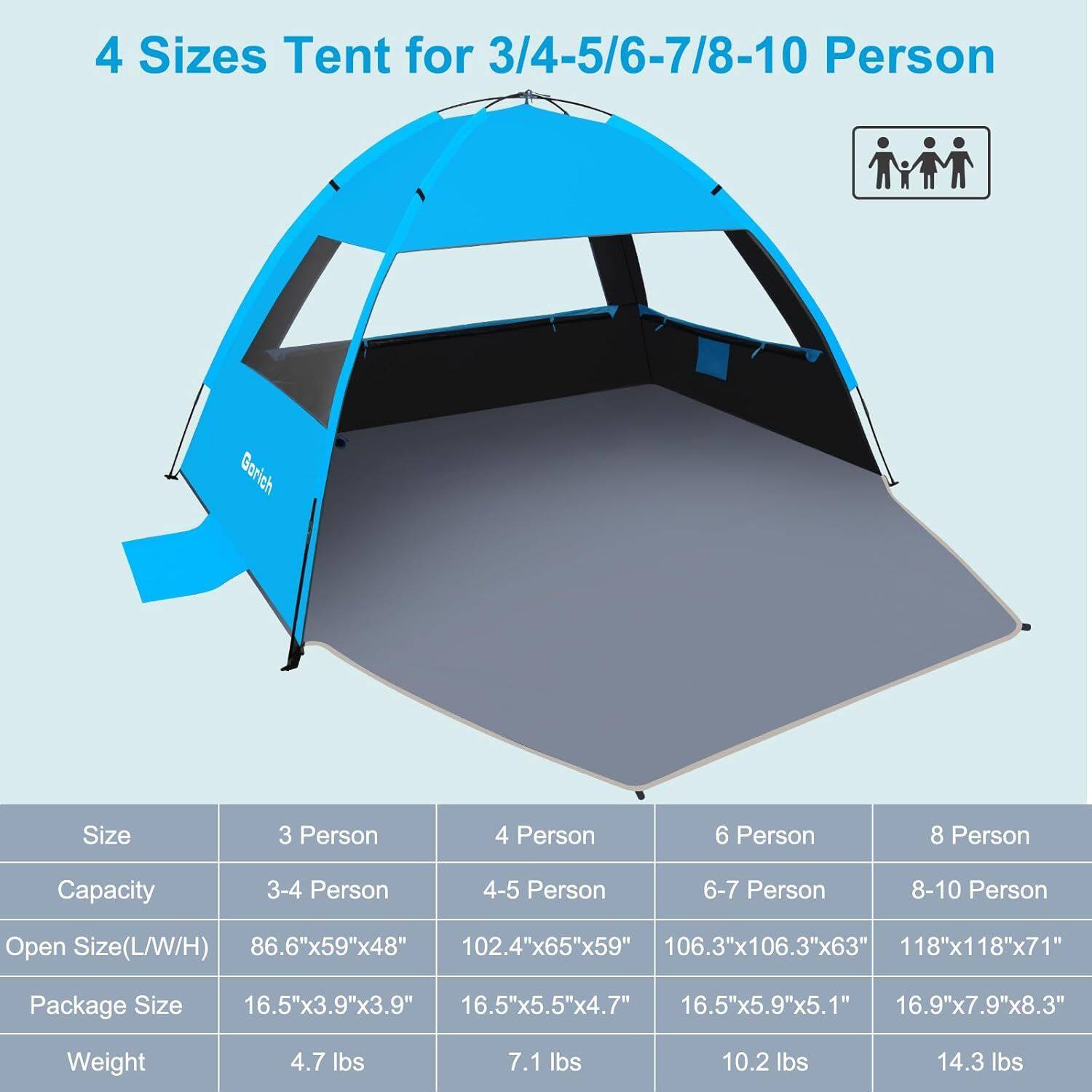 4 Sizes Tent for 3/4-5/6-7/8-10 Person

Gorich Size

3 Person
4 Person
6 Person
8 Person

Capacity
3-4 Person
4-5 Person
6-7 Person
8-10 Person

Open Size (L/W/H)
86.6"x59"x48"
102.4"x65"x59"
106.3"x106.3"x63"
118"x118"x71"

Package Size
16.5"x3.9"x3.9"
16.5"x5.5"x4.7"
16.5"x5.9"x5.1"
16.9"x7.9"x8.3"

Weight
4.7 lbs
7.1 lbs
10.2 lbs
14.3 lbs