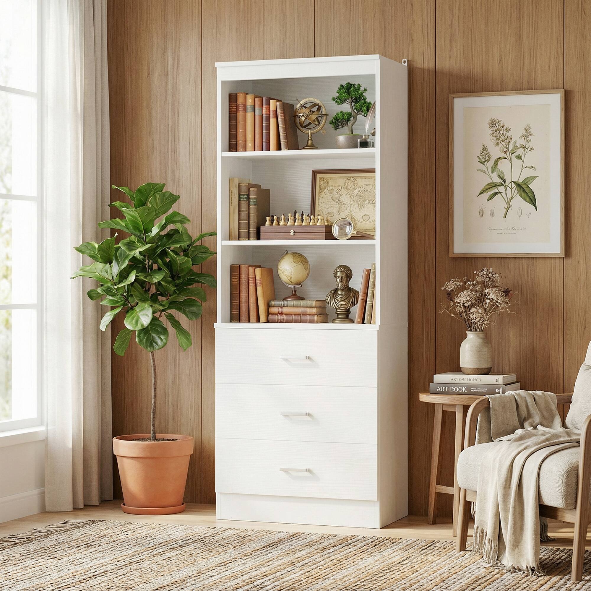 Aheaplus - 71'' Tall Bookcase with 3 Drawers and Shelves, 23.6'' Wide Modular Small Walk-in Storage Unit - White