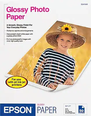 Glossy Photo Paper
A Smooth, Glossy Finish For Your Everyday Photos
- Perfect for reprints and enlargements
- Heavyweight, bright white paper with a glossy photo finish
- For true photographic images with vivid, high-quality color
For use with all ink jet printers
Glossy Paper
8.5" x 11"
94% Opacity
100% Brightness
50 Sheets
EPSON
