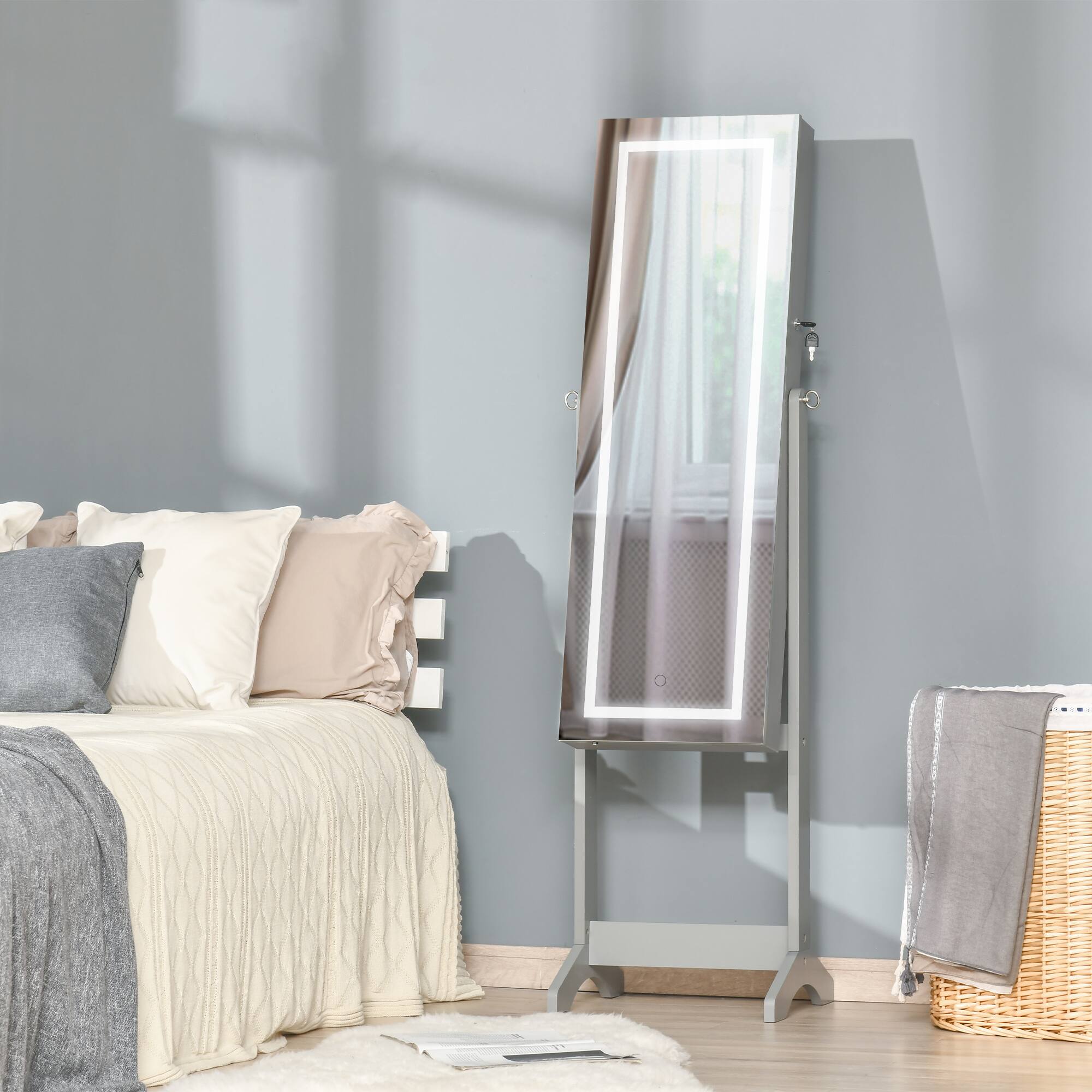 Alt View 1. Ecooso - Standing Jewelry Cabinet with LED Light, Lockable Organizer, Full-Length Mirror, 4 Angles - Grey.