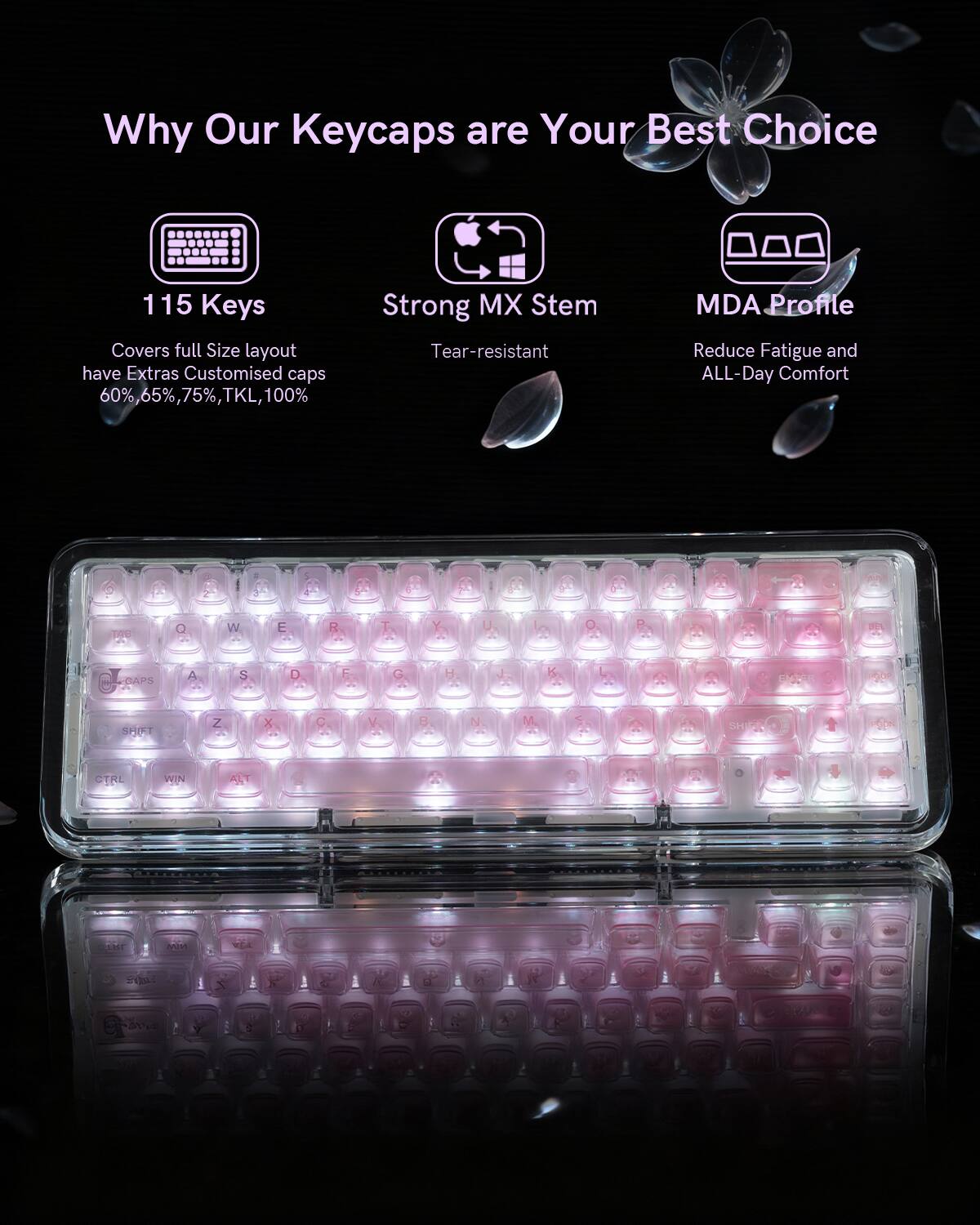 Why Our Keycaps are Your Best Choice

115 Keys
Covers full Size layout have Extras Customised caps 60%, 65%, 75%, TKL, 100%

Strong MX Stem
Tear-resistant

MDA Profile
Reduce Fatigue and ALL-Day Comfort
