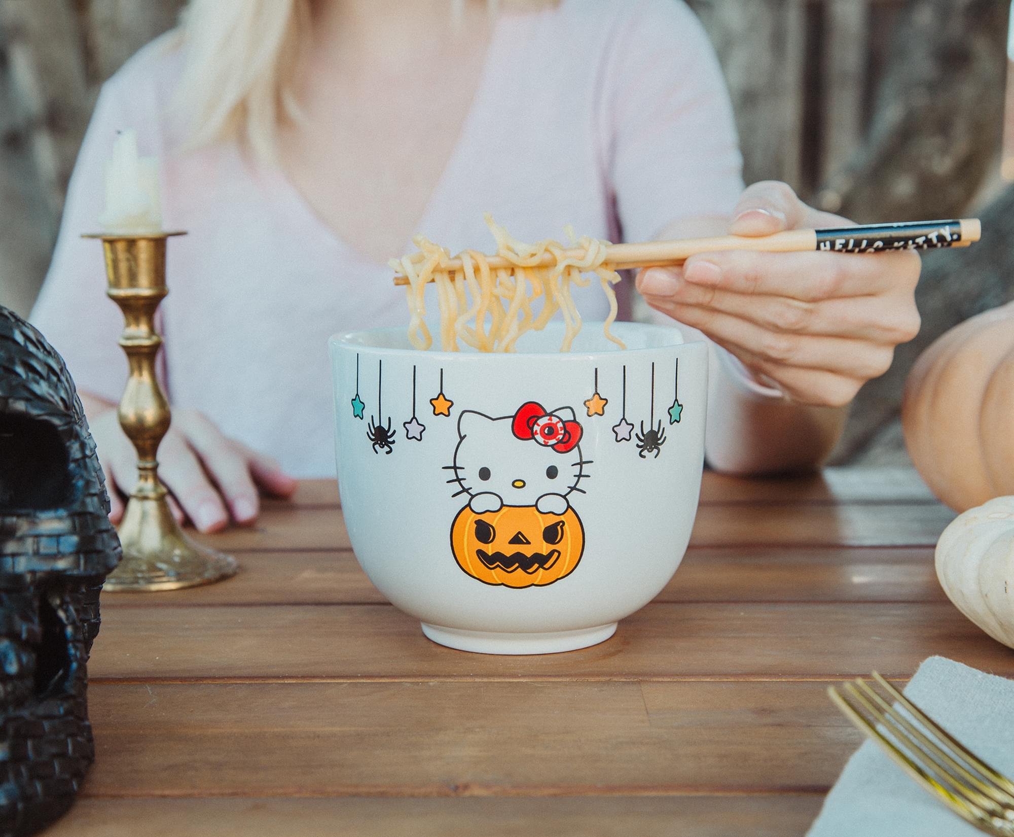 Alt View 2. Silver Buffalo - Sanrio Hello Kitty Pumpkin Boo 20-Ounce Ceramic Ramen Bowl and Chopstick Set - White.