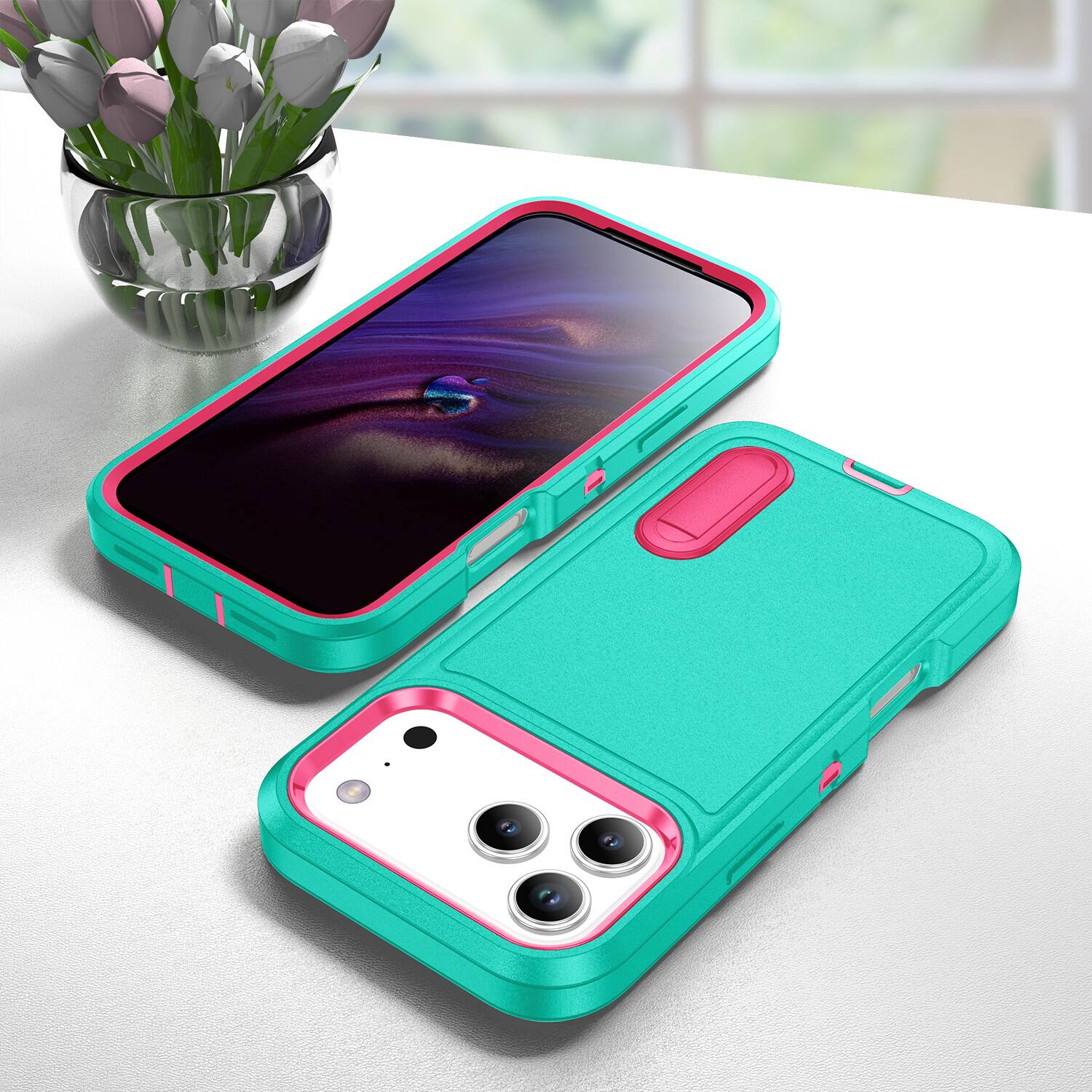 Alt View 4. UUCOVER - Dual Layer Protective Case for Apple iPhone 17 Pro Max with Hidden Kickstand, Raised Edge Protection Drop-proof Cover - Light blue+Rose red.