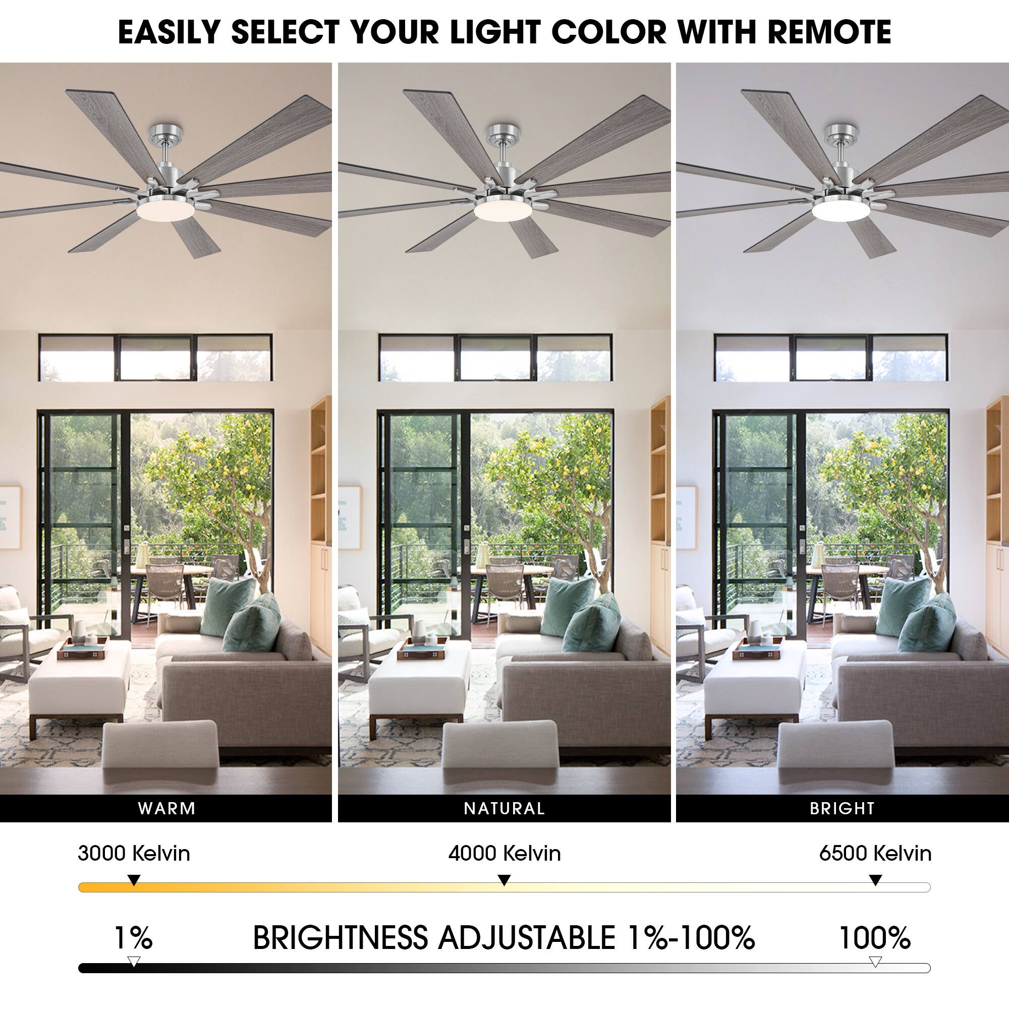 EASILY SELECT YOUR LIGHT COLOR WITH REMOTE
WARM
3000 Kelvin
1%
NATURAL
4000 Kelvin
BRIGHTNESS ADJUSTABLE 1%-100%
BRIGHT
6500 Kelvin
100%