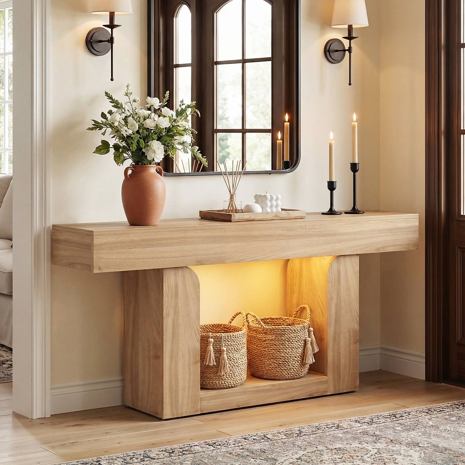Back. Aheaplus - 63" Farmhouse Console Table - LED Lights & Charging Station, Narrow Sofa Table for Entryway, Living Room & Hallway - Natural Oak.