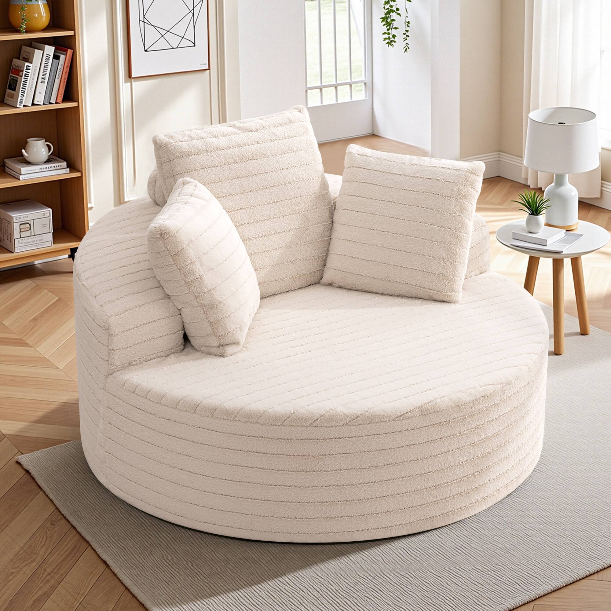 Alt View 5. KERDOM - Oversized Round Sofa, Fluffy 59'' Upholstered Deep Seat Circle Sofa Reading Lounge Chair with Pillows for Living Room - Beige.