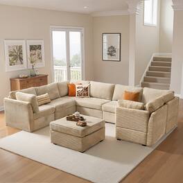Ovios - 8 PCS Sectional Sofa Couch U Shaped Couch Modern Sofa with Ottoman for Living Room - Beige