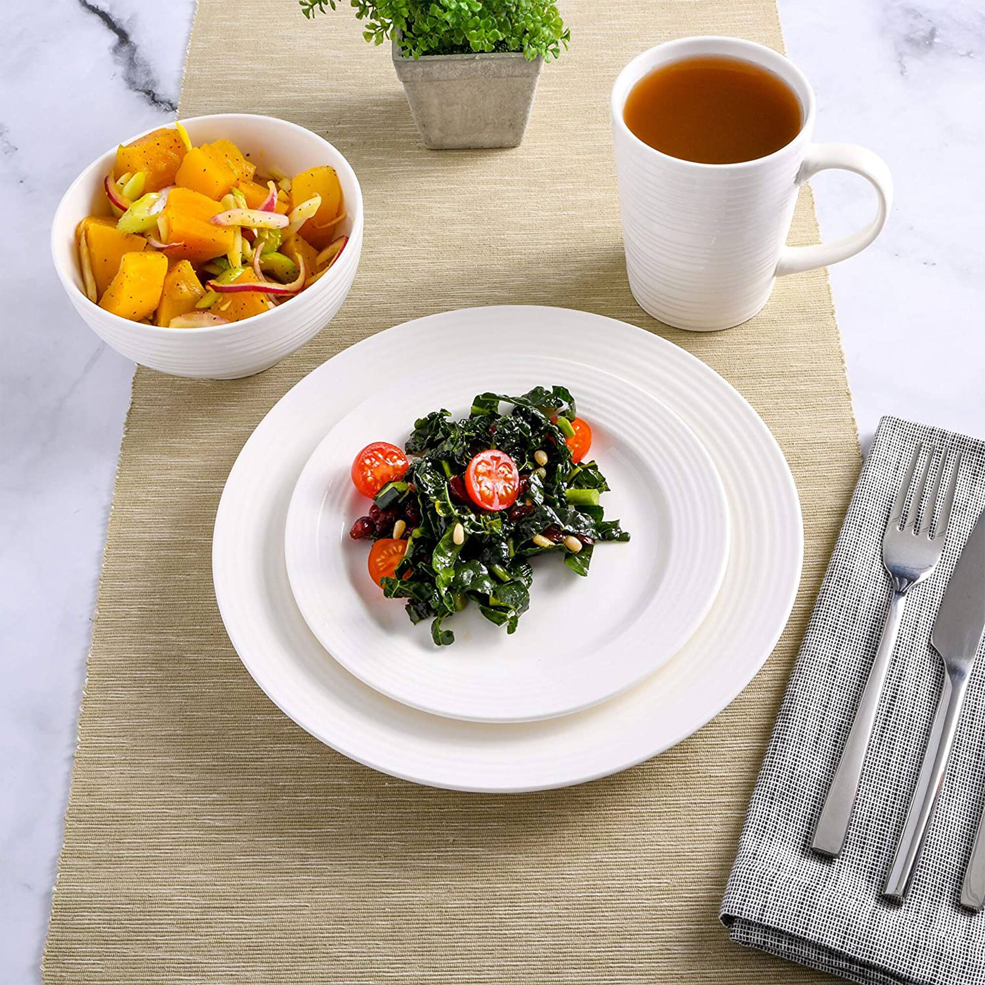 Alt View 2. Gibson - Gibson Home Amelia Court 16 Piece Dinnerware Set with White Embossed Porcelain - White (Embossed).