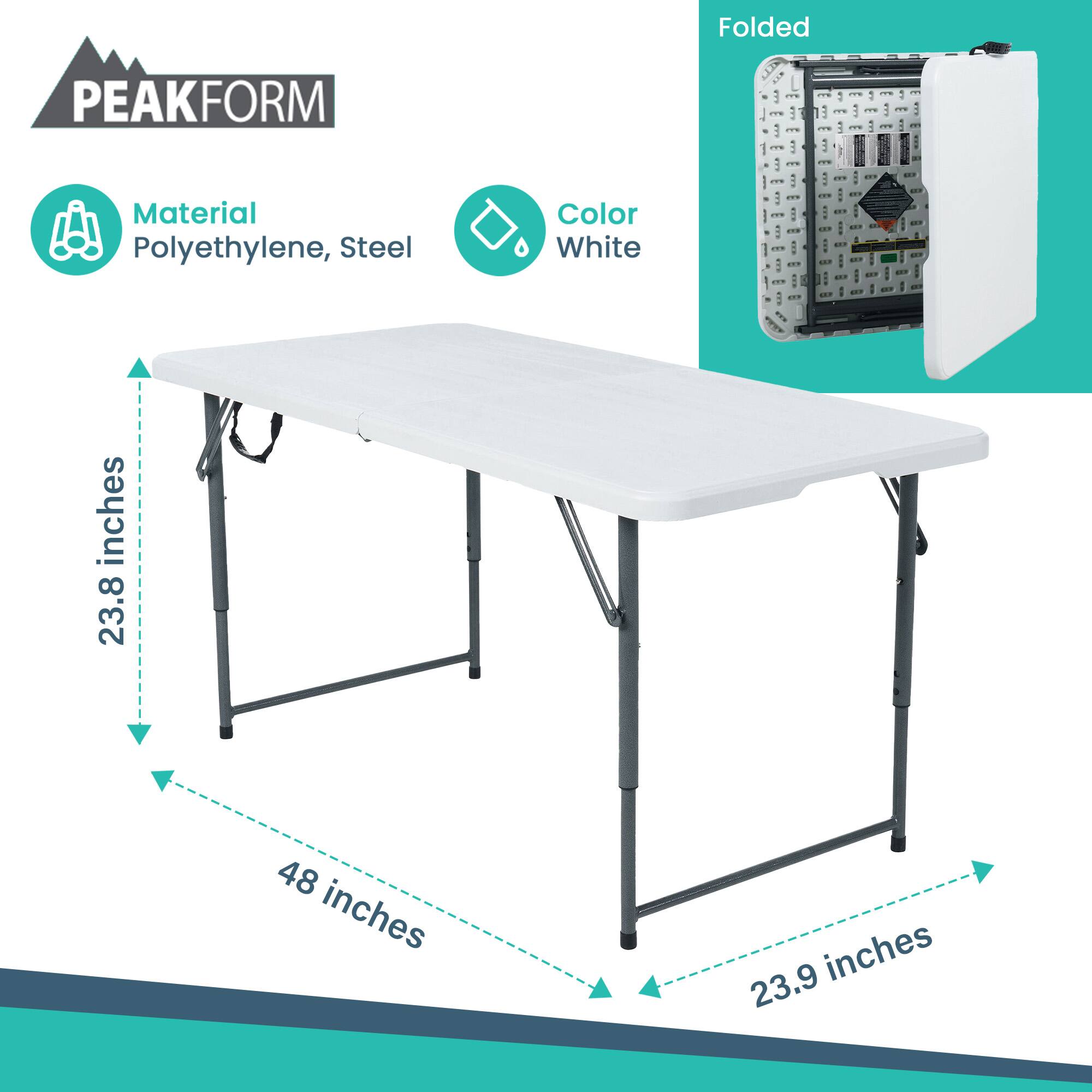 Folded PEAKFORM E  
Material: Polyethylene, Steel  
Color: White  
Dimensions:  
- Length: 48 inches  
- Width: 23.8 inches  
- Height: 23.9 inches