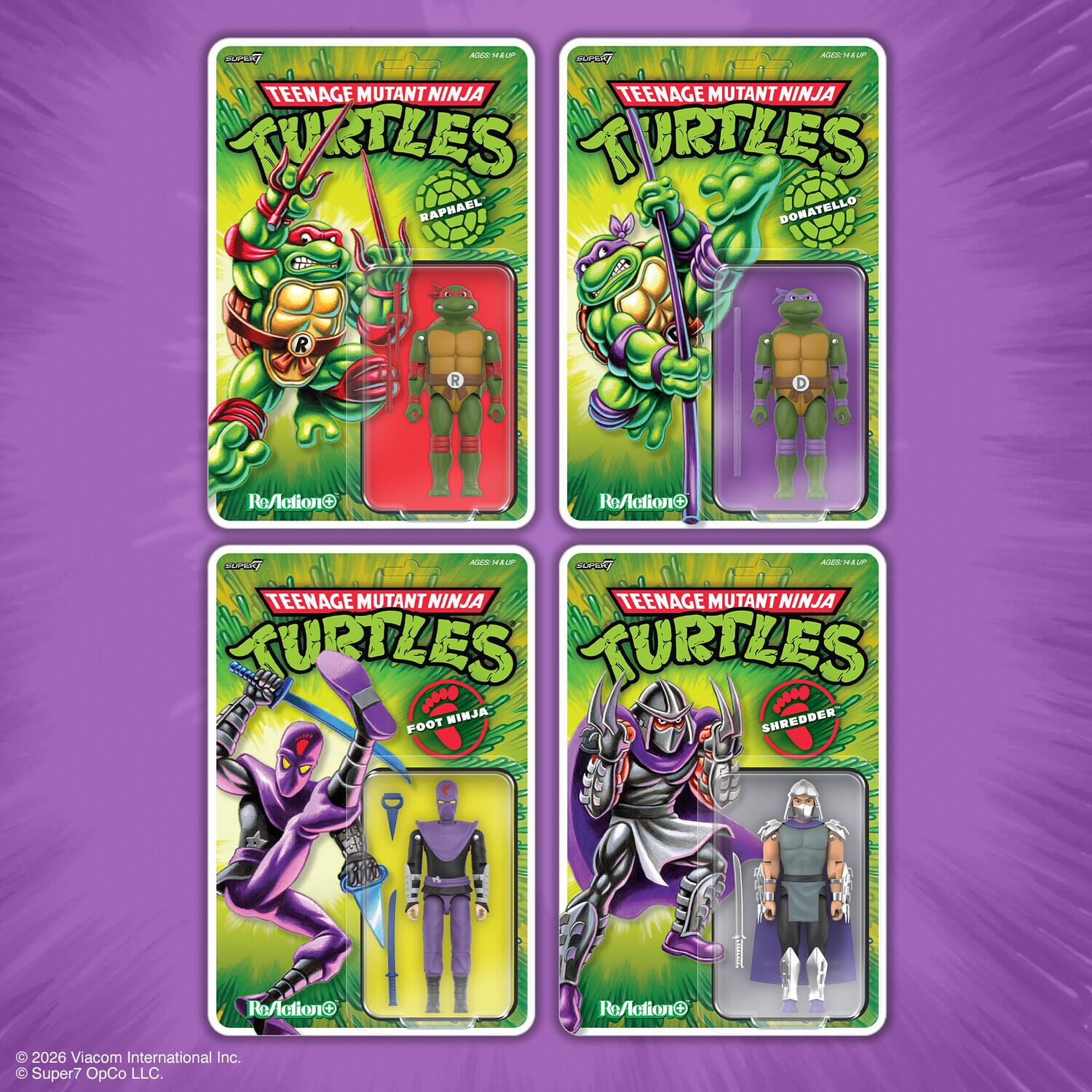 AUS - . Adds Mu Ha SUS TEENAGE MUTANT NINJA TURTLES TURTLES RAPHAEL DONATELLO R R  ReActionO Re/lction RUC Ais MALP  AU H T & : TEENAGE MUTANT NINJA TURTLES TURTLES MINJA SHREDDER POOT Ro noitoNol roitoNoH  2026 Viacom International Inc.  Super7 OpCo LLC.