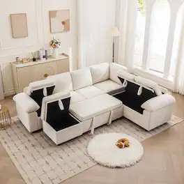 KERDOM - 4-7 Seat Oversized Pullout Sofa Couch with Storage Ottoman, Side Pocket, Washable Covers, Sectional Sleeper Sofa Bed - 7 Seat