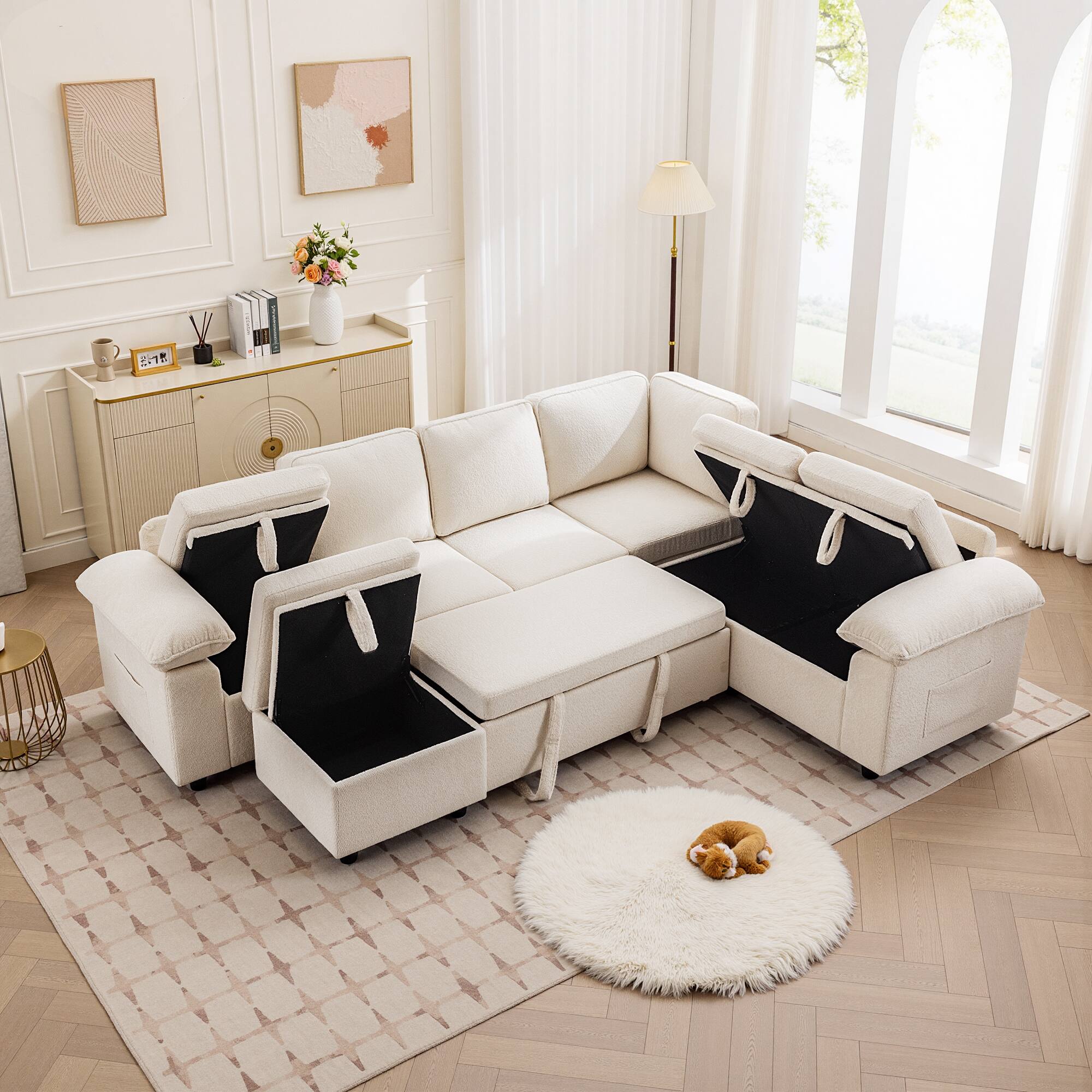 Alt View 2. KERDOM - Oversized Pullout Sofa Couch with Storage Ottoman, Side Pocket, Washable Covers, Sectional Sofa Bed Free Combination - White-A.