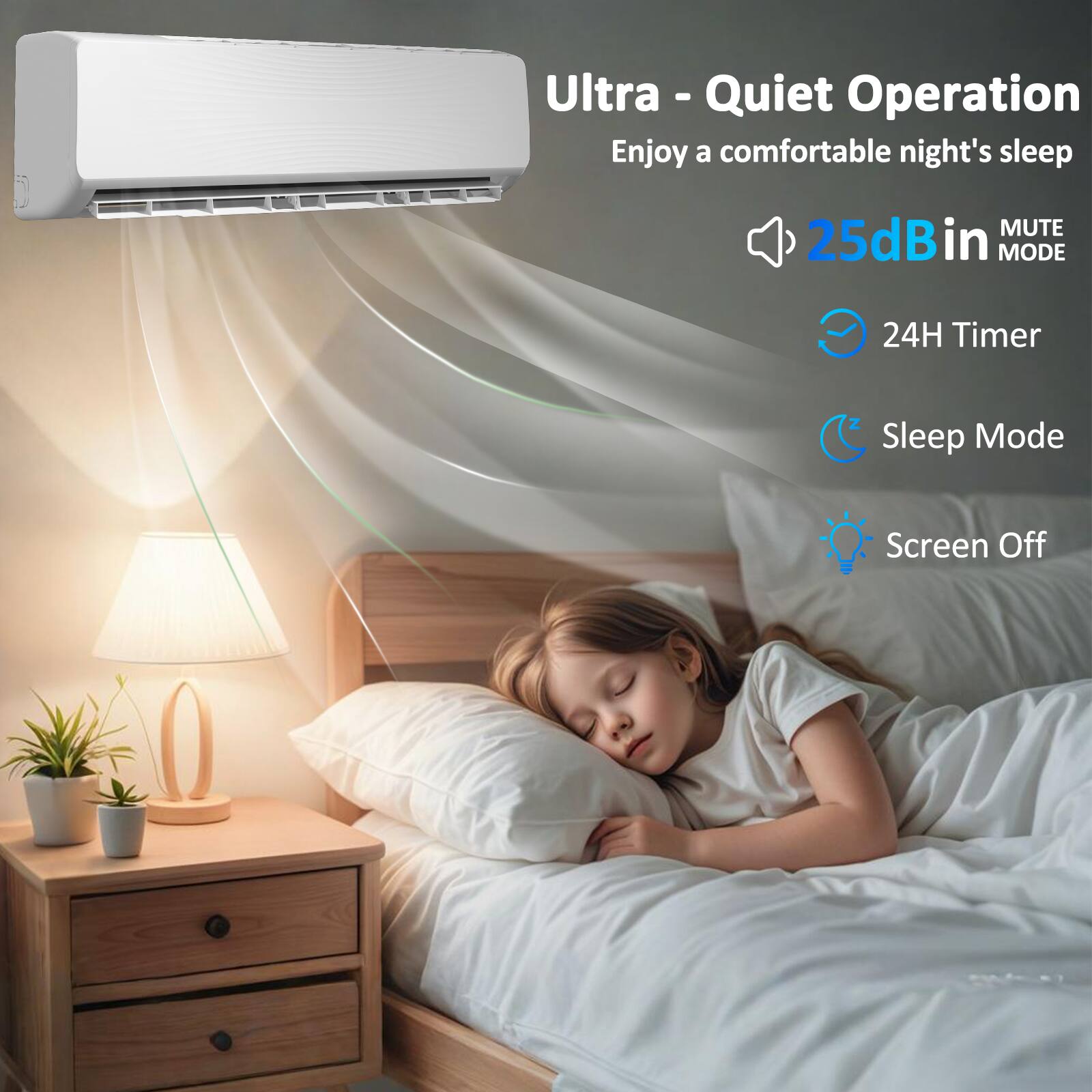 Ultra - Quiet Operation  
Enjoy a comfortable night's sleep

- 25dB in MUTE MODE
- 24H Timer
- Sleep Mode
- Screen Off
