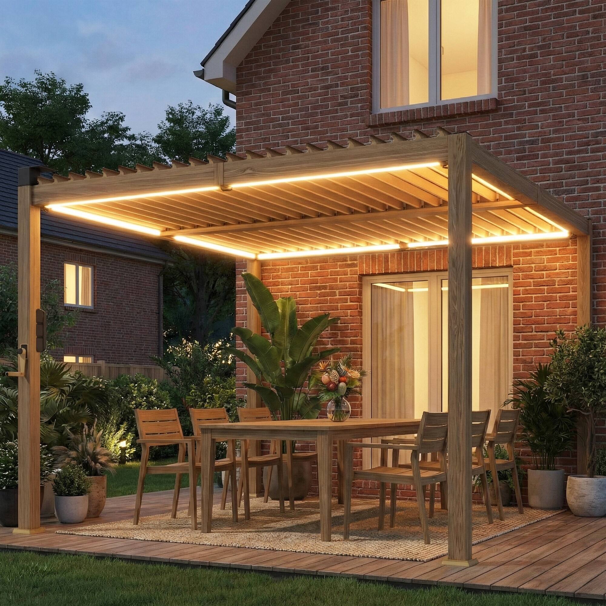 Alt View 1. Outsunny - x 10' Louvered Pergola with Solar LED lights, Metal Roof - Brown.