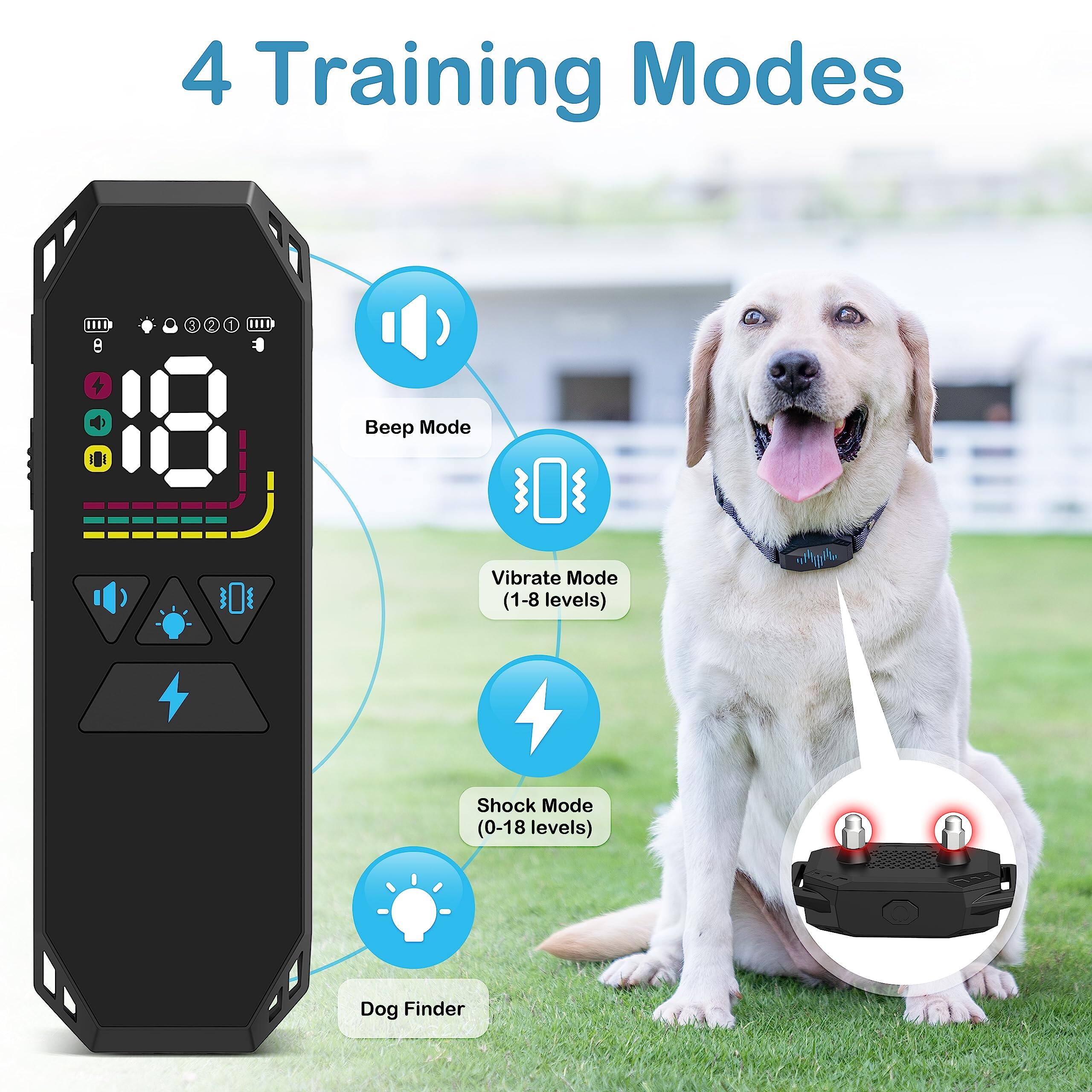 4 Training Modes

I. Beep Mode
II. Vibrate Mode (1-8 levels)
III. Shock Mode (0-18 levels)
IV. Dog Finder