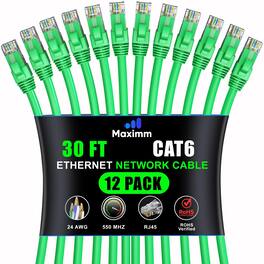 Maximm - Cat 6 Ethernet Cable 30 ft (12-Pack) - UTP, 10Gbps, 550MHz