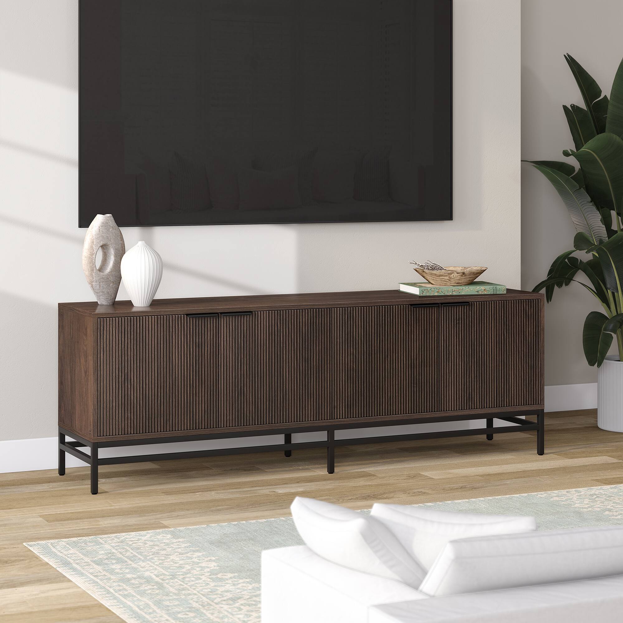 Alt View 3. Hudson&Canal - Montello Rectangular Fluted TV Stand for TV's up to 78" in Alder Brown - Alder Brown.